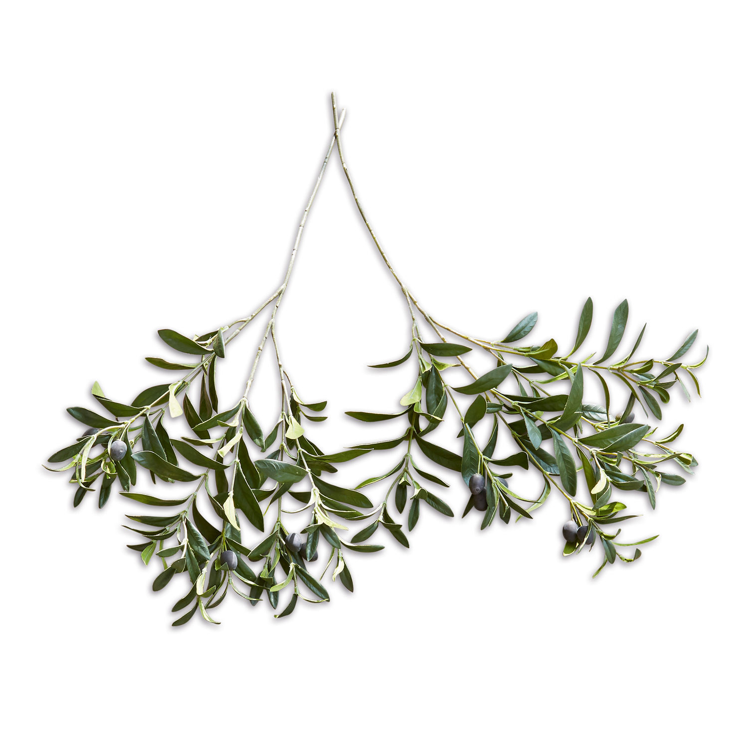 Kunstolijftak set van 2 Olives Olijftakken met groene bladeren en zwarte olijven op witte achtergrond, natuurlijke decoratie