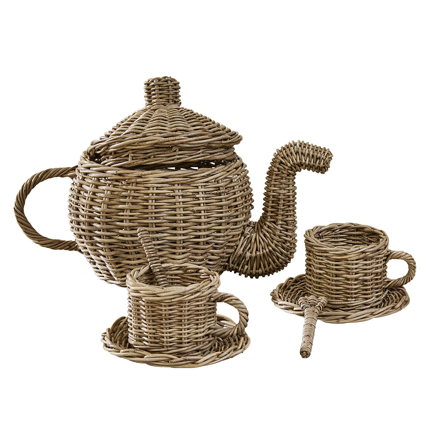 Theeservies voor kinderen Rainboway Theeset van natuurlijk riet met theepot, kopjes en schotels handgevlochten