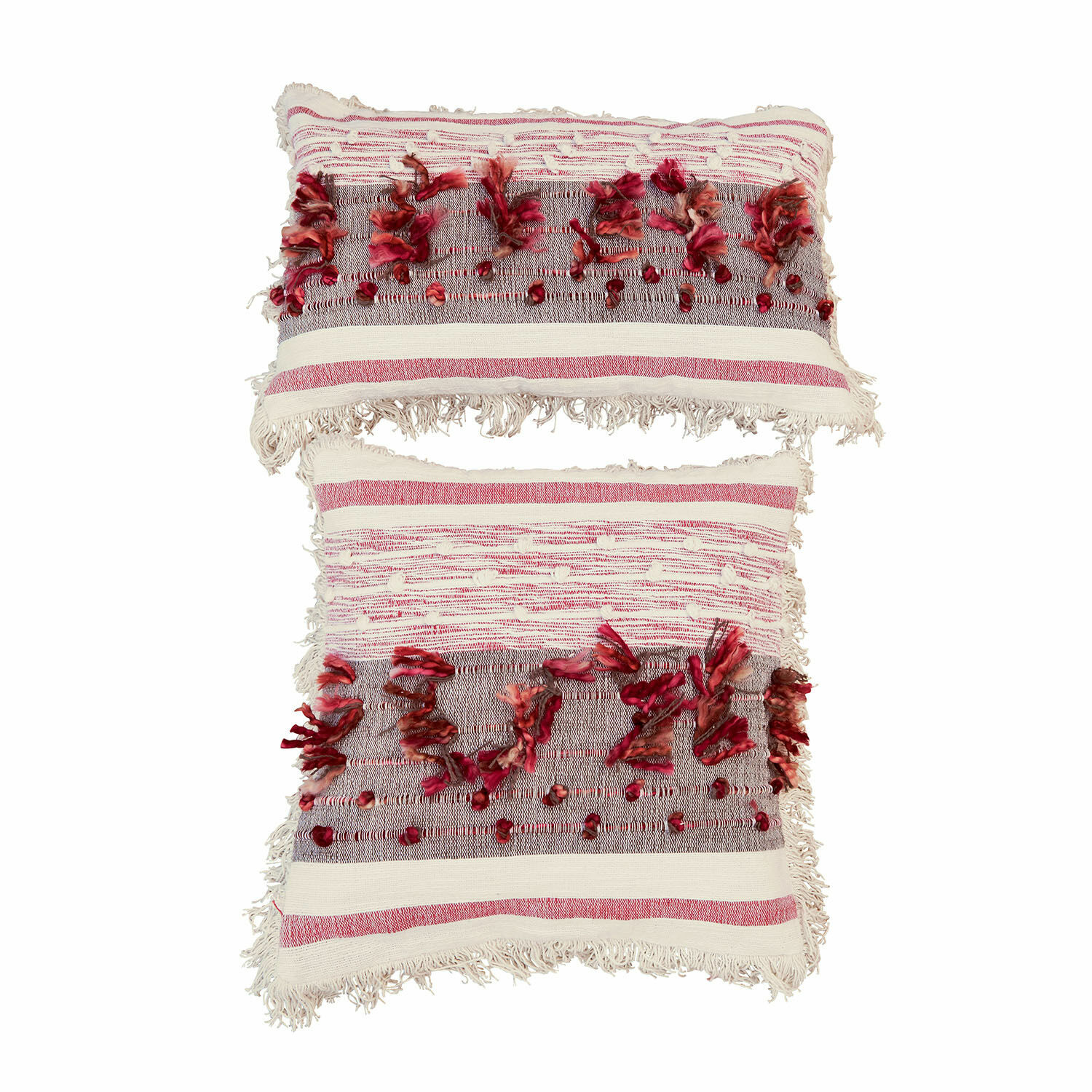 Kussenhoes set van 2 Yazmira Set van twee decoratieve katoenen kussens in crème-rood met franjes en textuurelementen