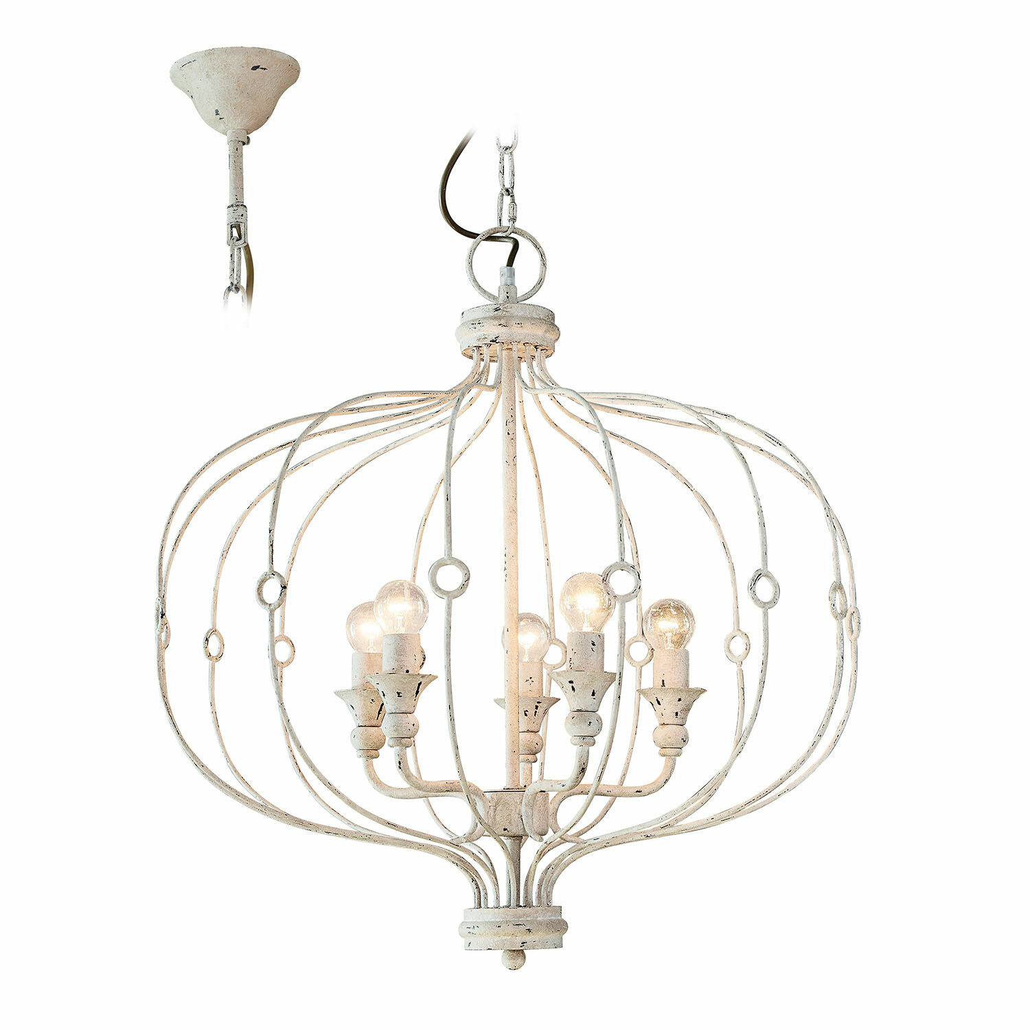 Witte metalen vintage kroonluchter met zes lampen, decoratieve woonkamerverlichting
