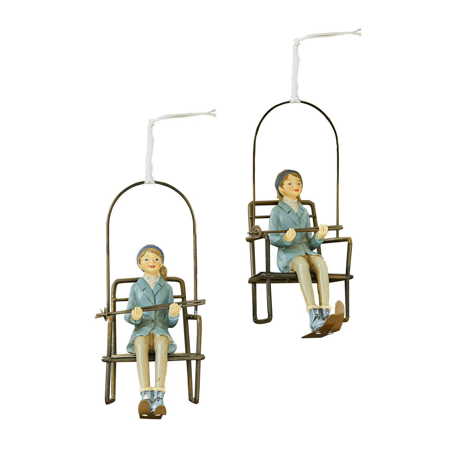 Hanger set van 2 Herveline Hangende decoraties met meisjesfiguren in blauwe kleding op metalen schommels