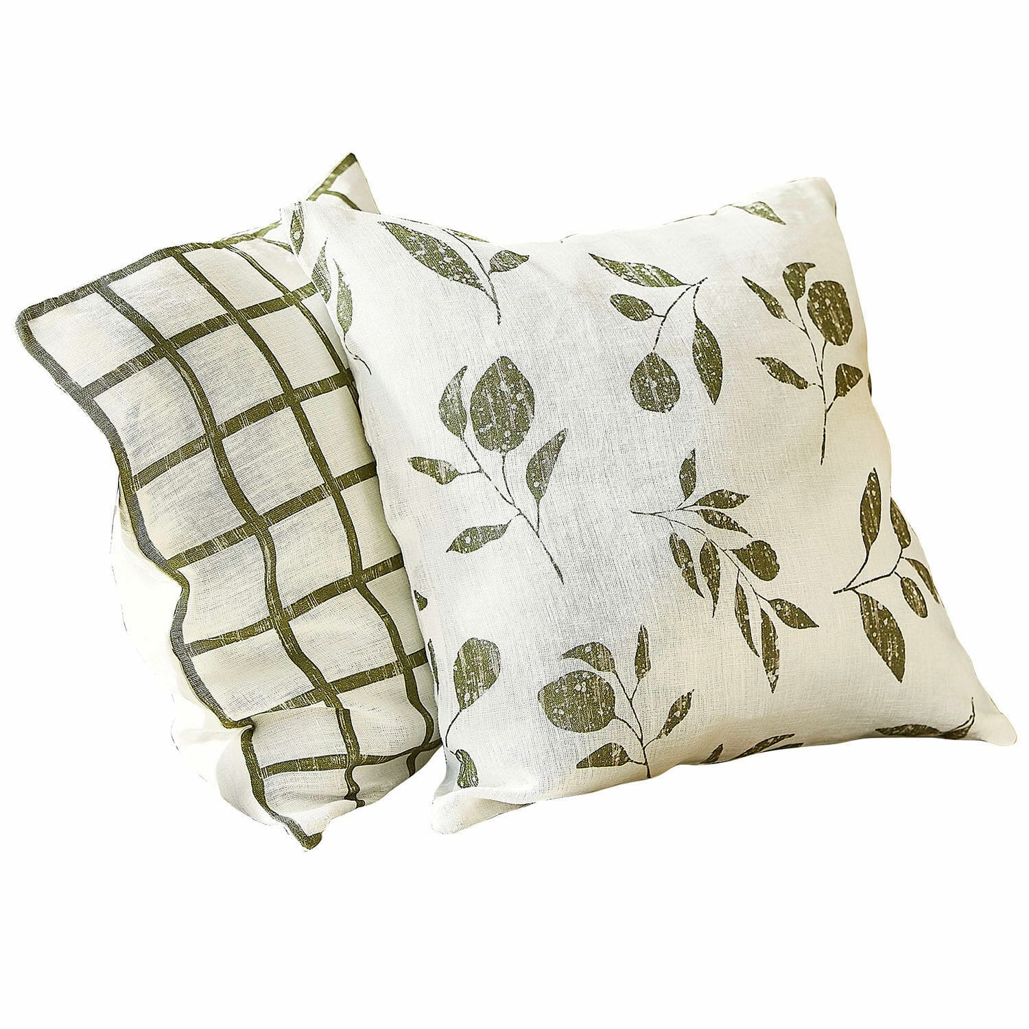 Kussenhoes set van 2 Klivento Set van twee witte linnen sierkussens met groen blad- en ruitpatroon voor woondecoratie