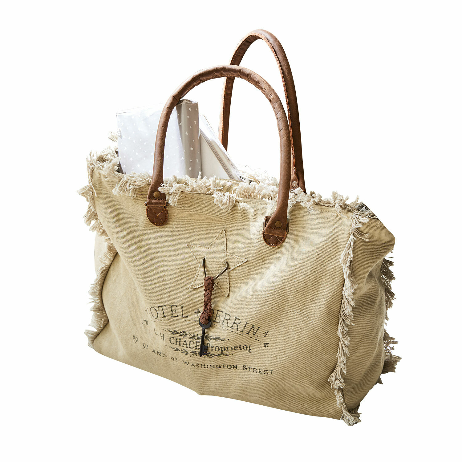 Tas Elora Beige katoenen tas met franjes en bruine handvatten, vintage stijl, praktische boodschappentas