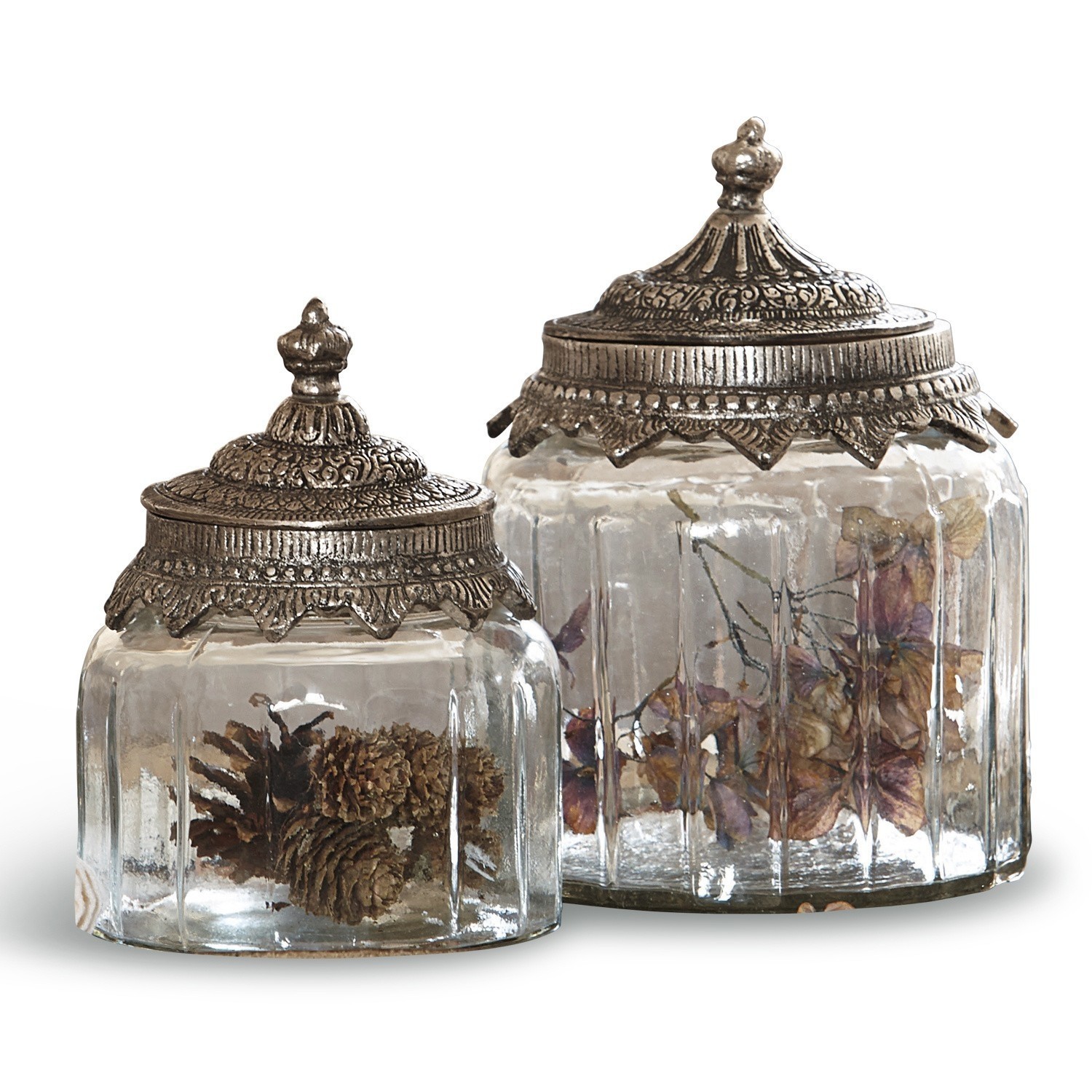 Glazen pot set van 2 Laféline Set van twee glazen potten met decoratieve metalen deksels in vintage stijl
