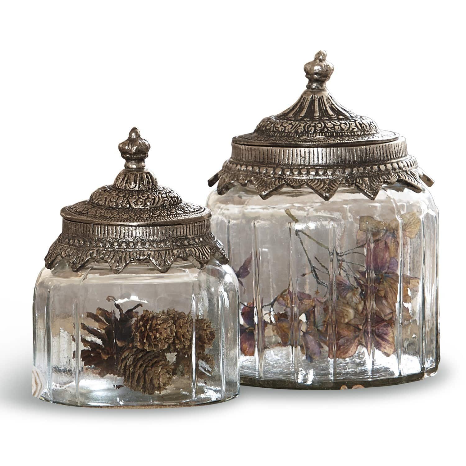 Glazen pot set van 2 Laféline Set van twee glazen potten met decoratieve metalen deksels in vintage stijl