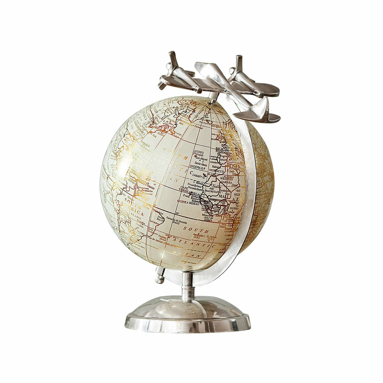 Decoratieve wereldbol Jollysail Decoratieve vintage globe met zilverkleurige metalen voet en vliegtuigen, stijlvolle bureauversiering