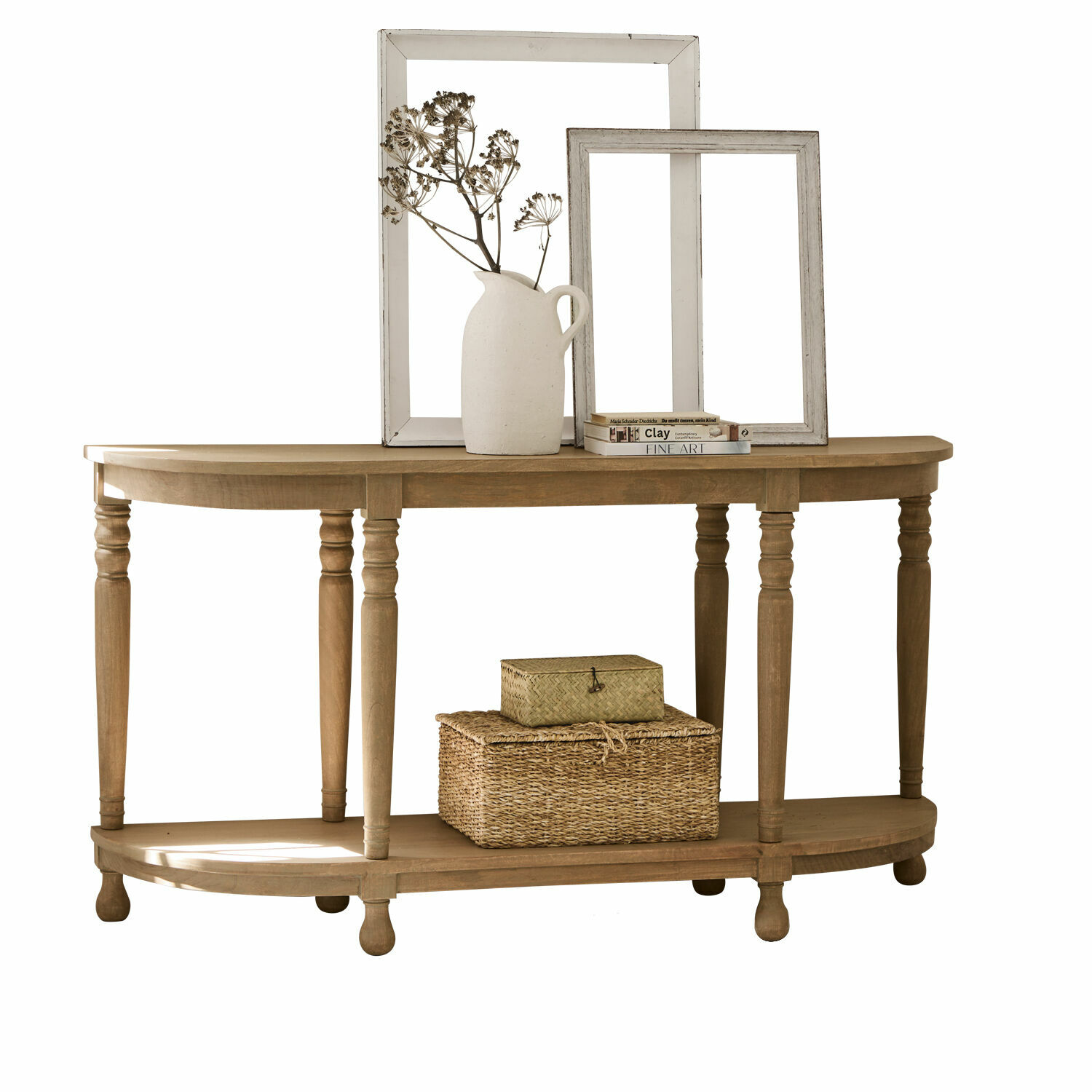 Sidetable Brookdale Houten sidetable in natuurlijke kleur met plank, decoraties van riet en witte keramiek, woonkamermeubel