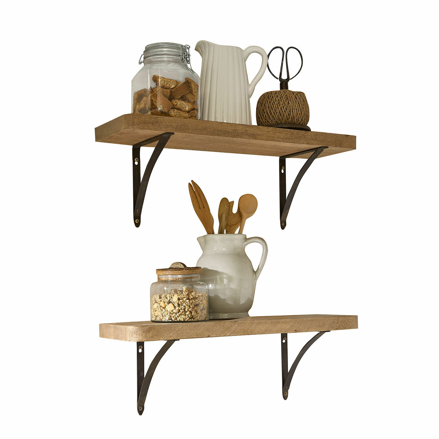 Wandplank set van 2 Thalindria Twee houten wandplanken met metalen beugels, rustieke keukenaccessoires