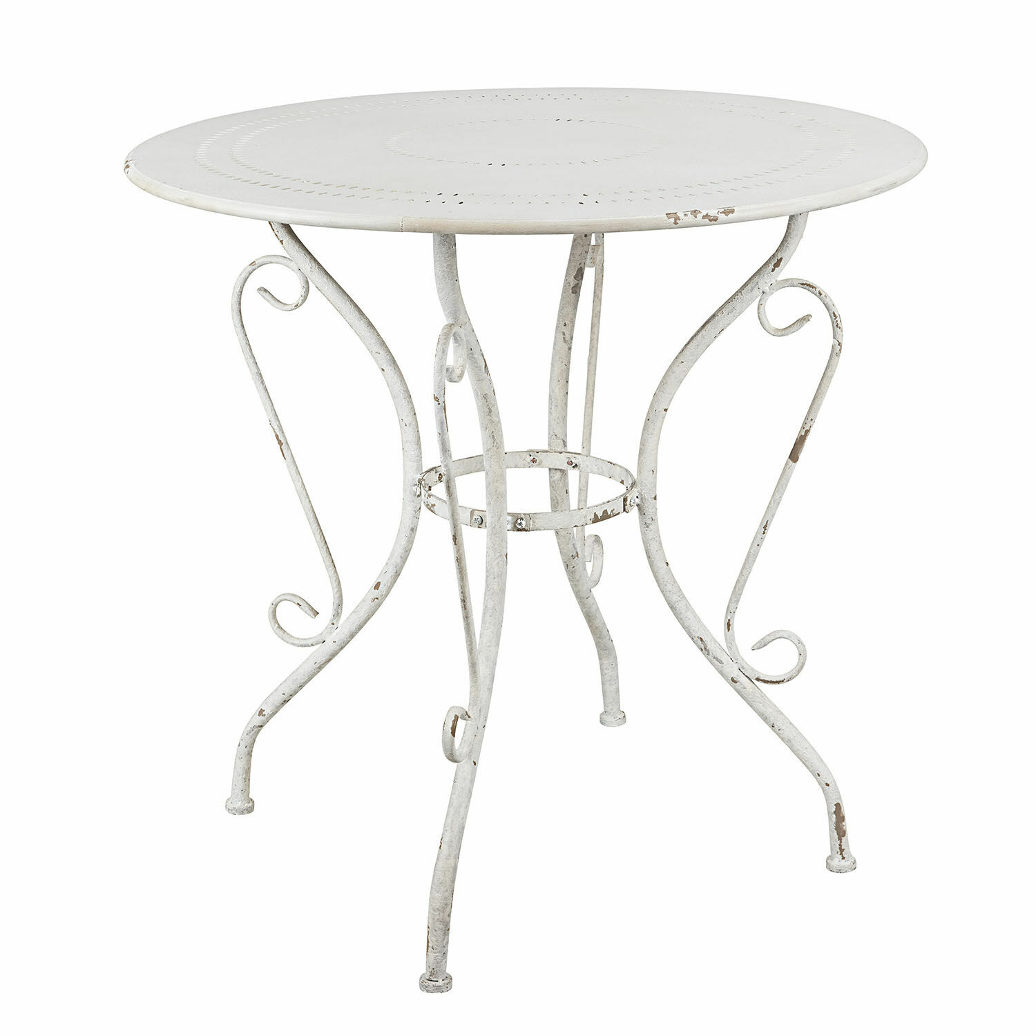 antiekwit Ronde metalen tafel in antiek wit met decoratieve poten, vintage tuinmeubel