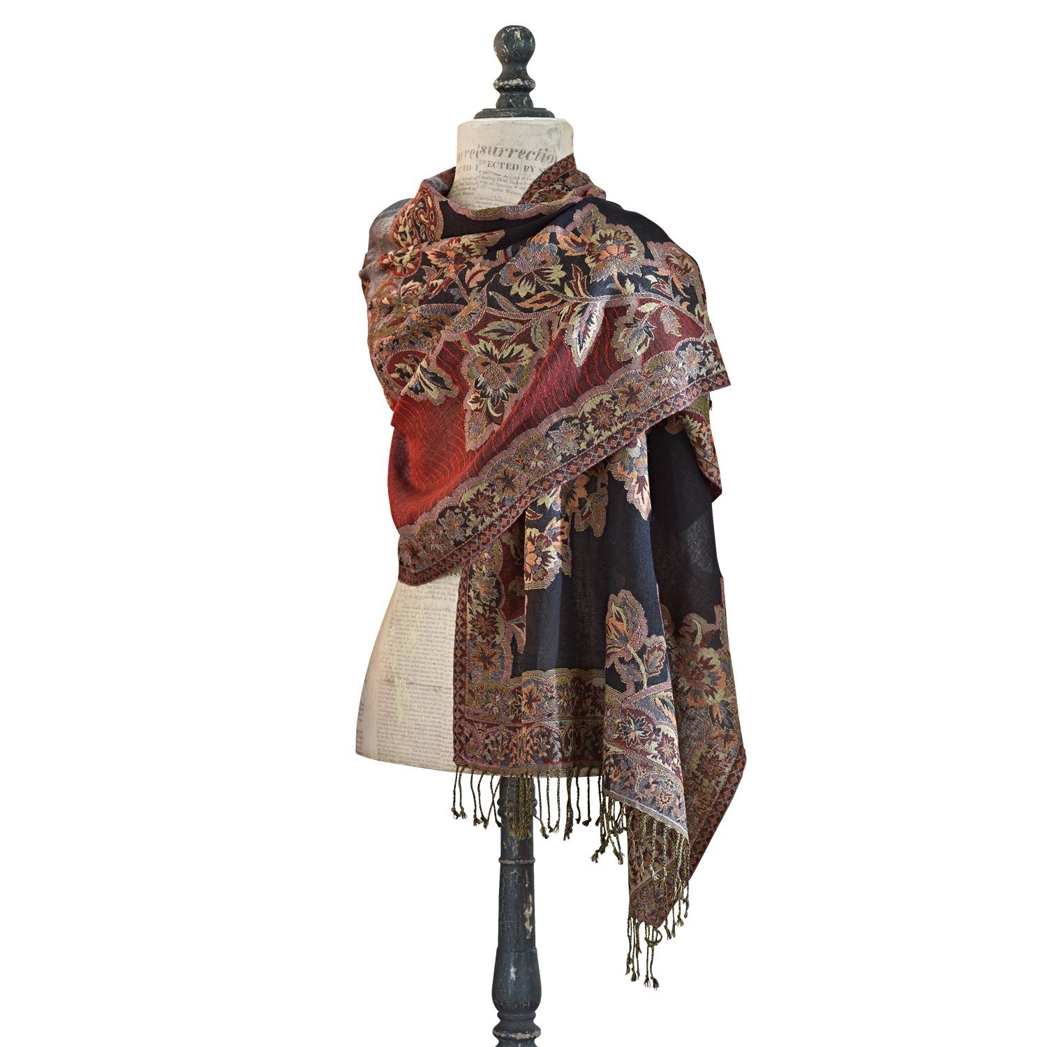 Sjaal Albon Warme sjaal met bloemenpatroon in rood en zwart met franjes, zachte en decoratieve stof