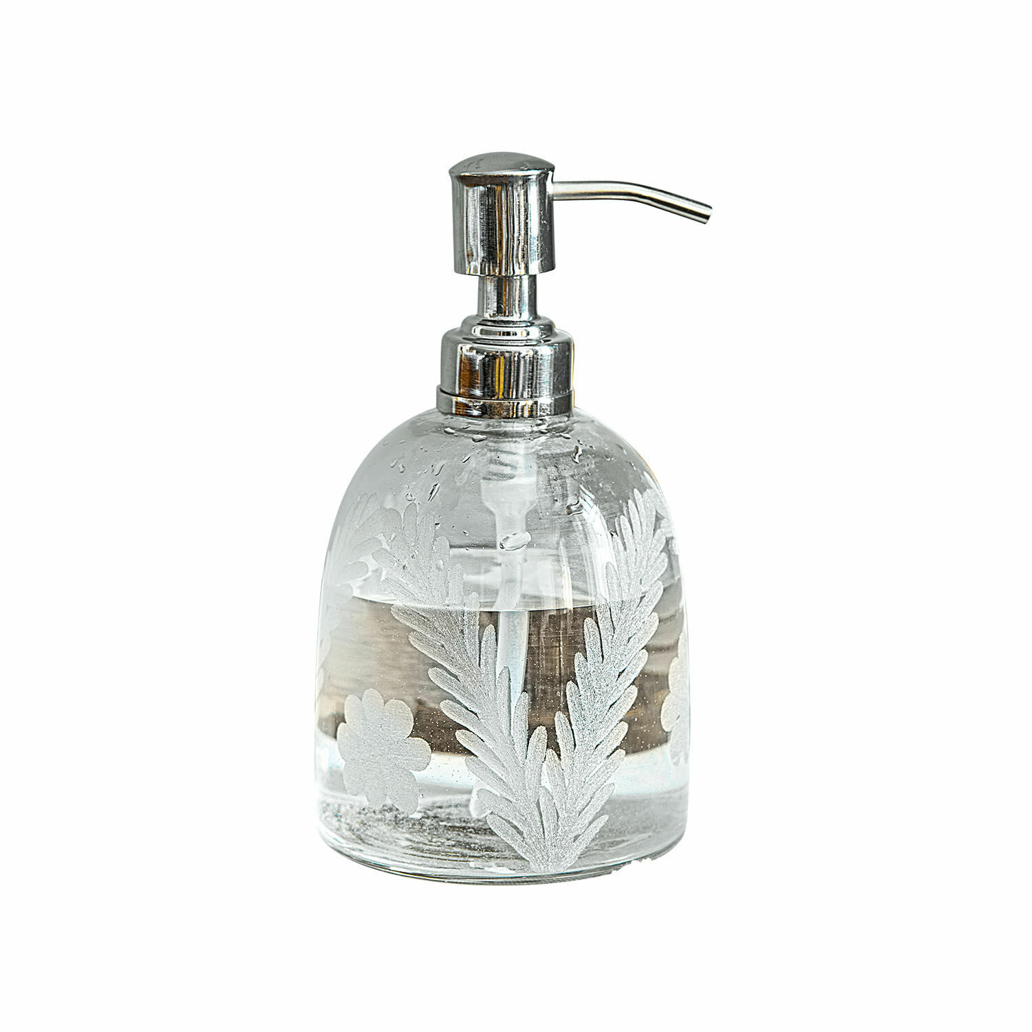 Zeepdispenser Crystal Transparante glazen zeepdispenser met metalen pomp en bloemmotief voor badkamer