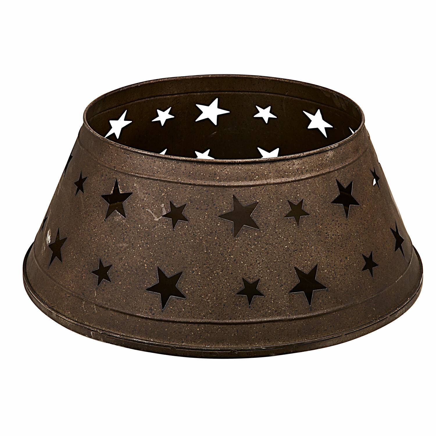 Kerstboompot Ysabelle Bruine metalen ring met uitgesneden sterren, feestelijke en sfeerverlichting