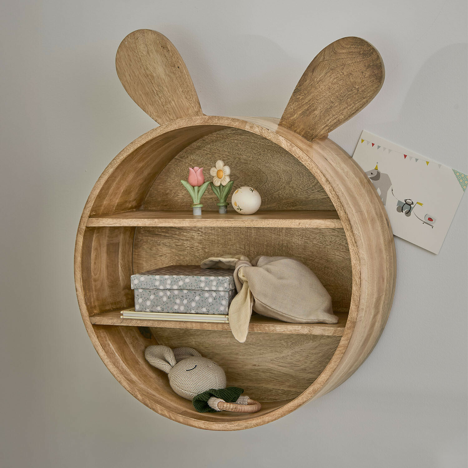 Wandrek voor kinderen Papillonette Ronde houten wandplank met konijnenoren, natuurlijke kleur, decoratie voor kinderkamer