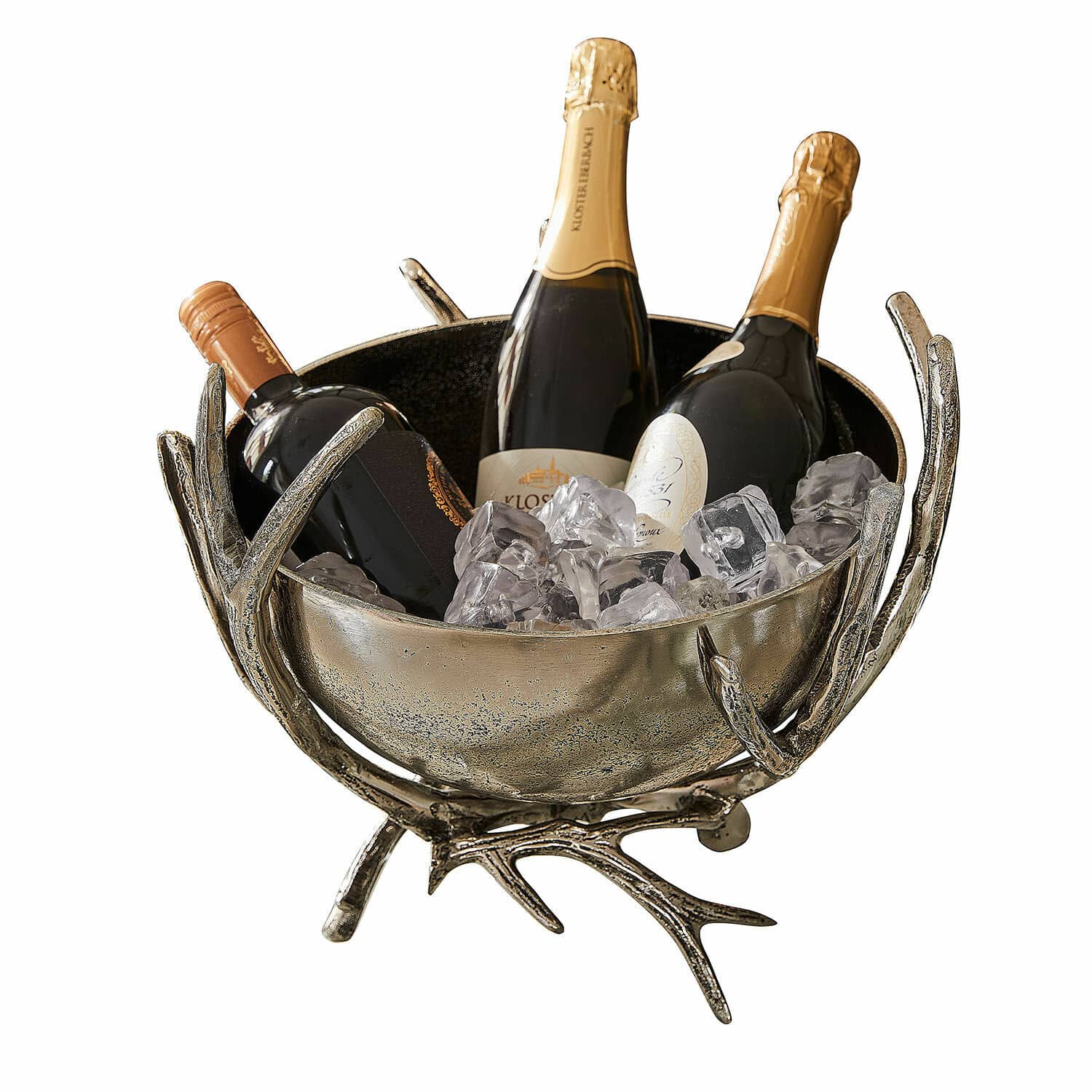 Champagnekoeler Amirak Zilverkleurige metalen ijsbak met gewei-motief, gevuld met drie wijnflessen en ijsblokjes