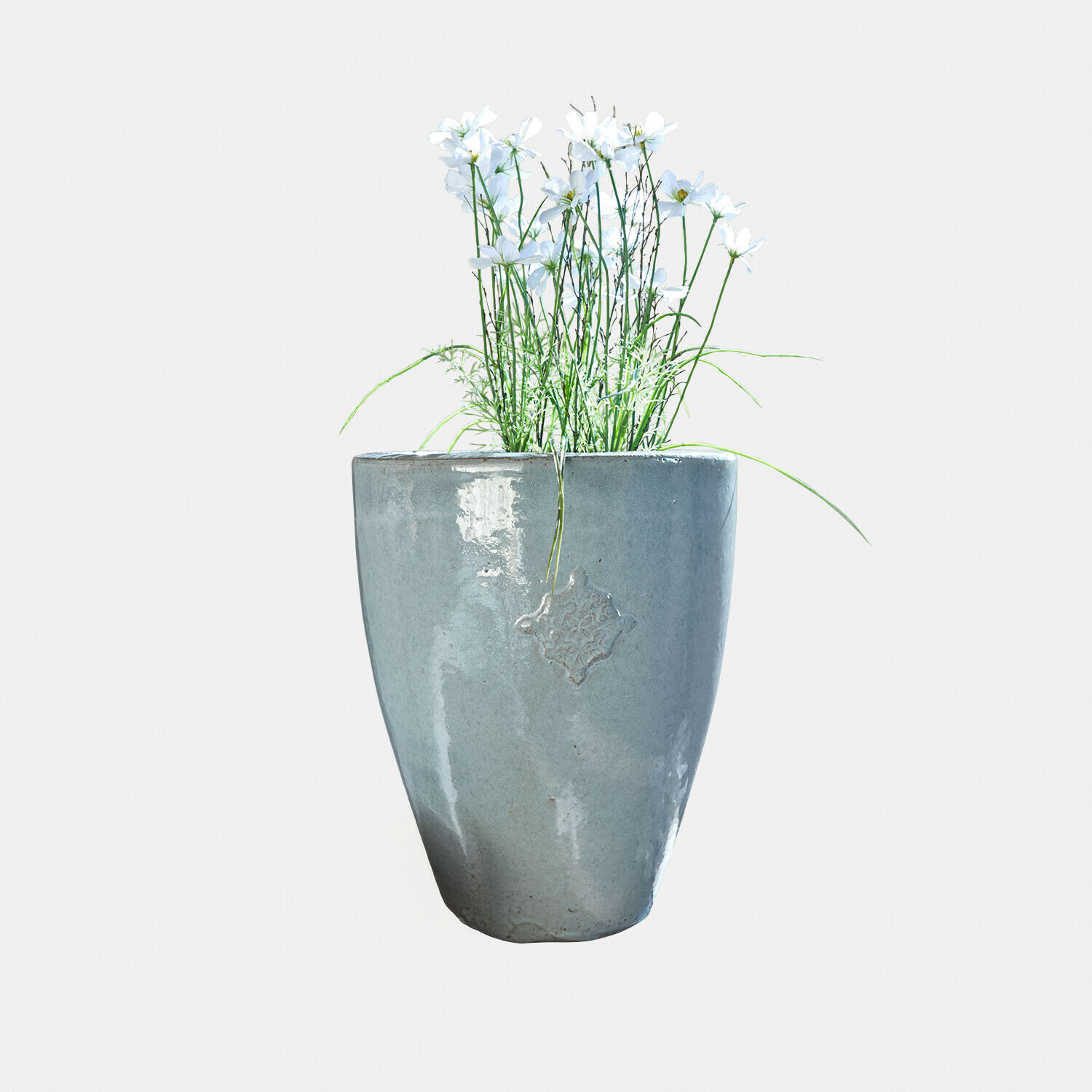 Sierpot Serenzia Grijze keramische bloempot met witte bloemen en groen blad voor binnen- en buitendecoratie