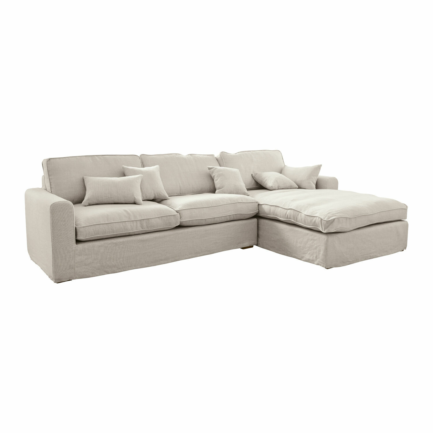 Bank Seaford Beige stoffen hoekbank met zachte kussens, comfortabele woonkamermeubel