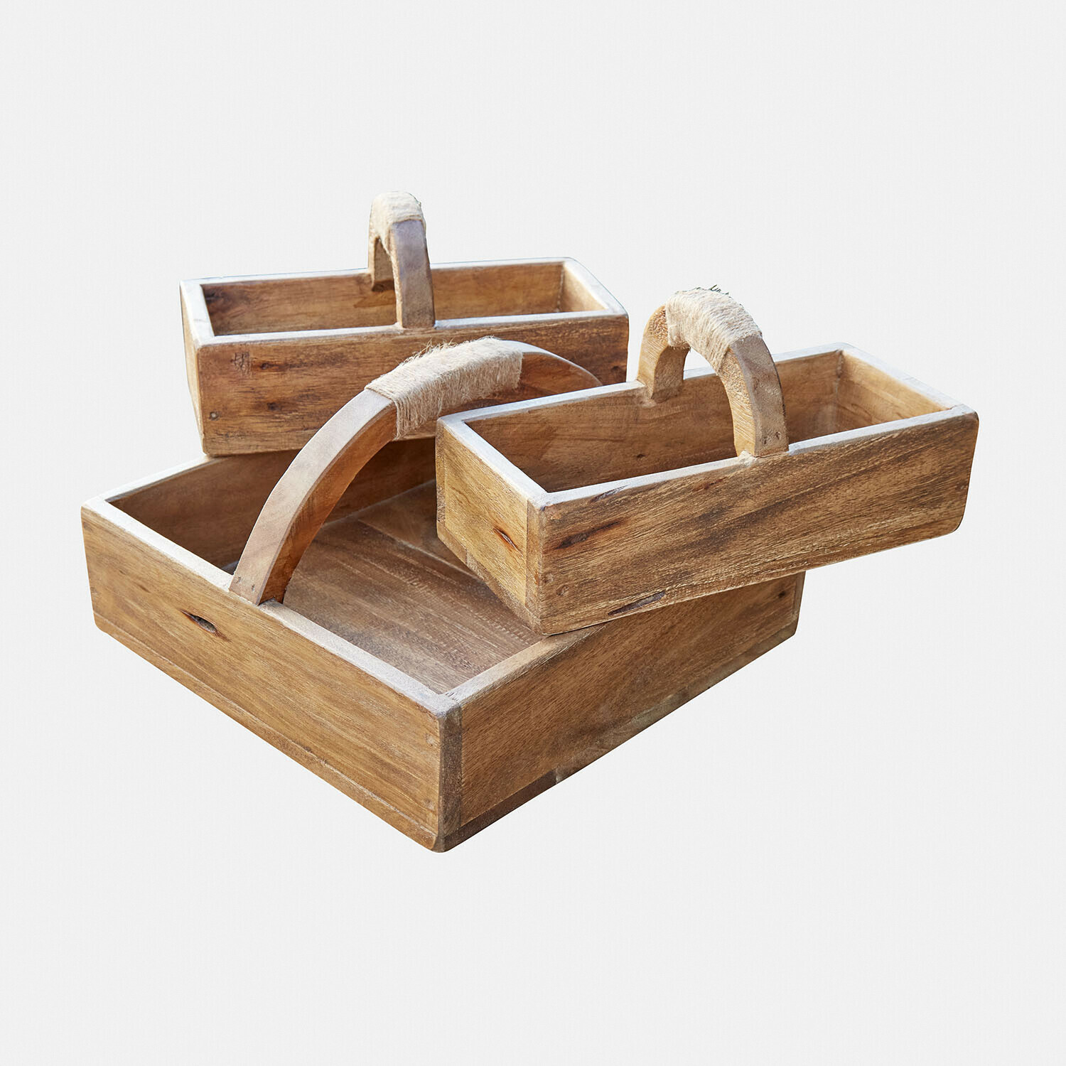 Houten kistje set van 3 Nettleby Set van drie houten dienbladen met handvatten omwikkeld met touw, natuurlijke houtkleur