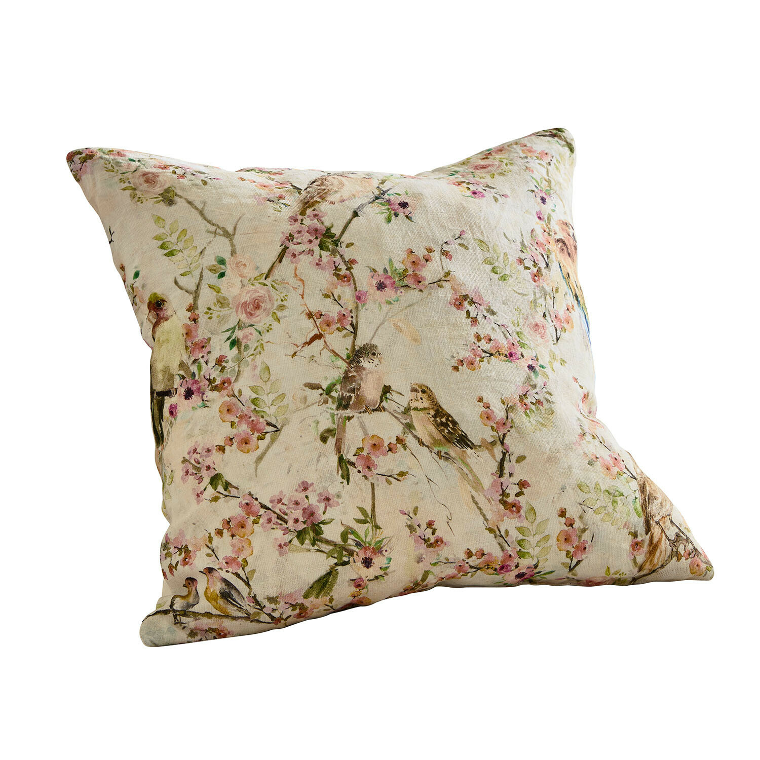 Decoratief kussen van linnen in crème met vogel- en bloemenprint, rustieke stijl