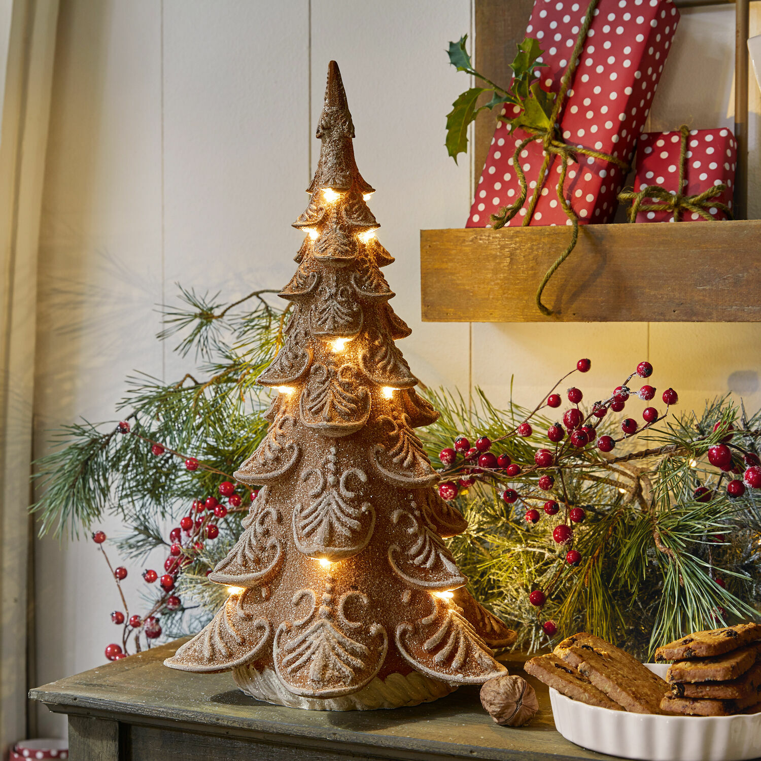 Sierboom Anyama Decoratieve bruine keramische kerstboom met LED-verlichting voor feestelijke tafeldecoratie