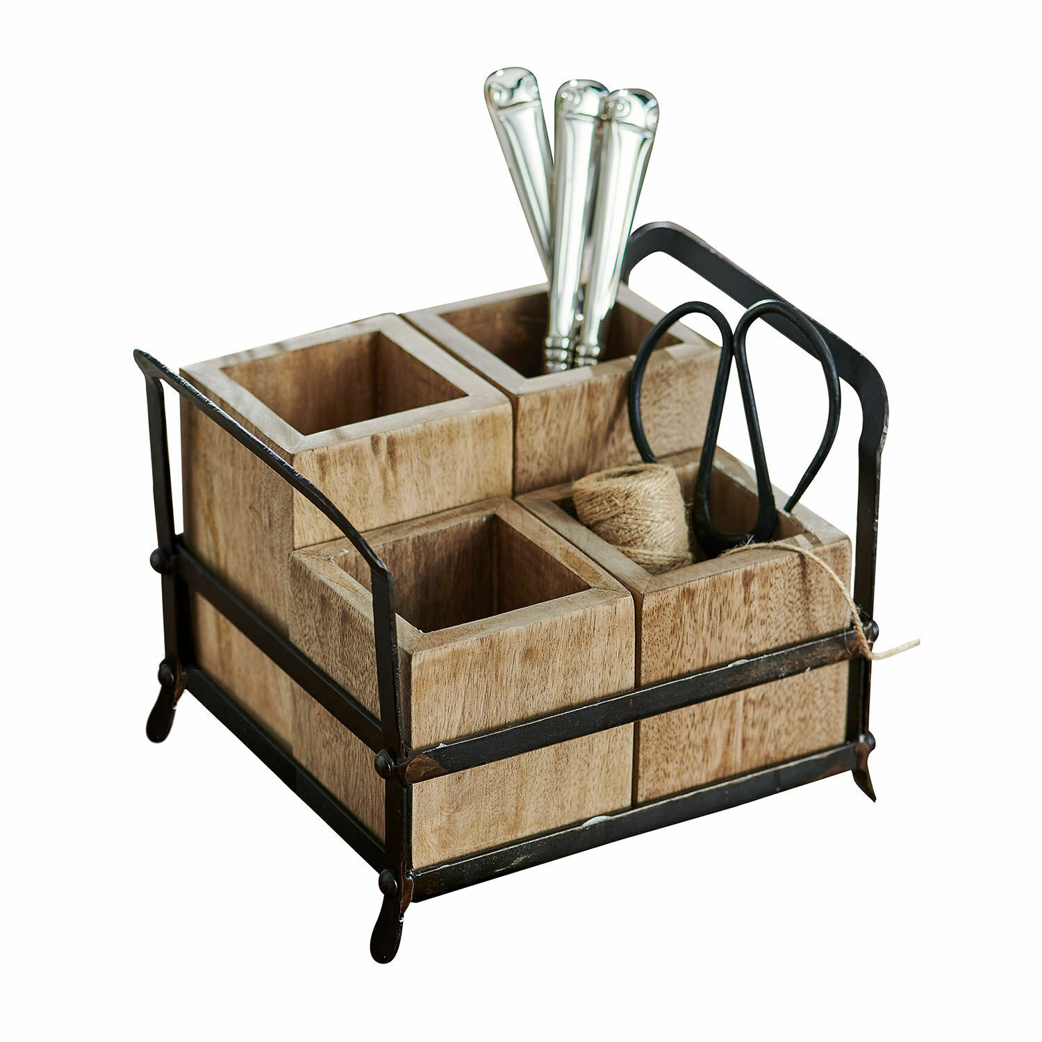 Organizer Postes Houten organizer met zwart metalen frame en vier vakken voor het opbergen van accessoires