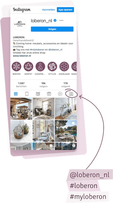 Screenshot van Instagram-profiel loberon_nl met categorieën en foto's van interieurinrichting