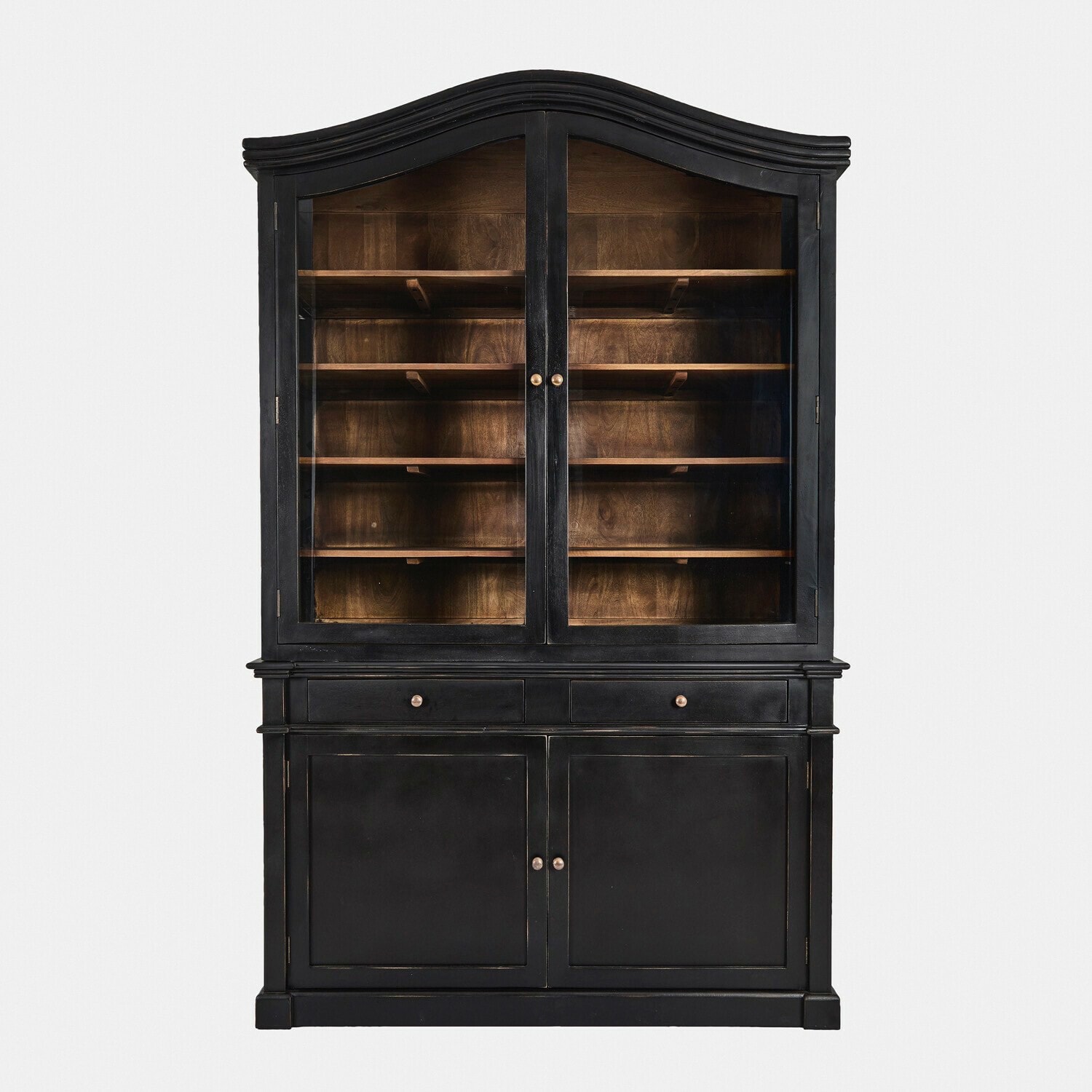 Kast Westridge Zwarte houten vitrinekast met glazen deuren en planken, klassieke woonkamermeubel
