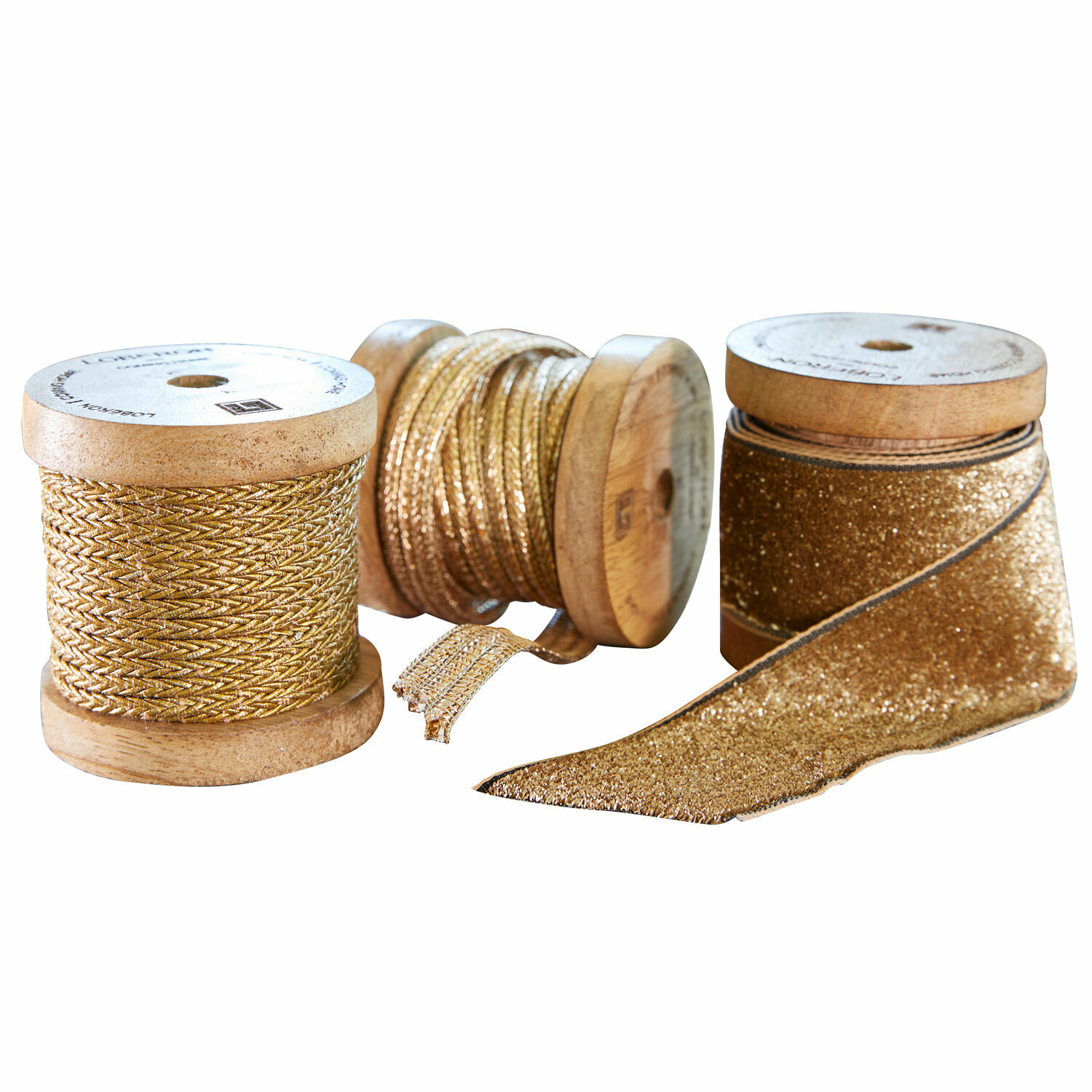 Lint set van 3 Tamsworth Drie houten spoelen met gouden decoratieve linten en koorden voor knutselen en decoratie