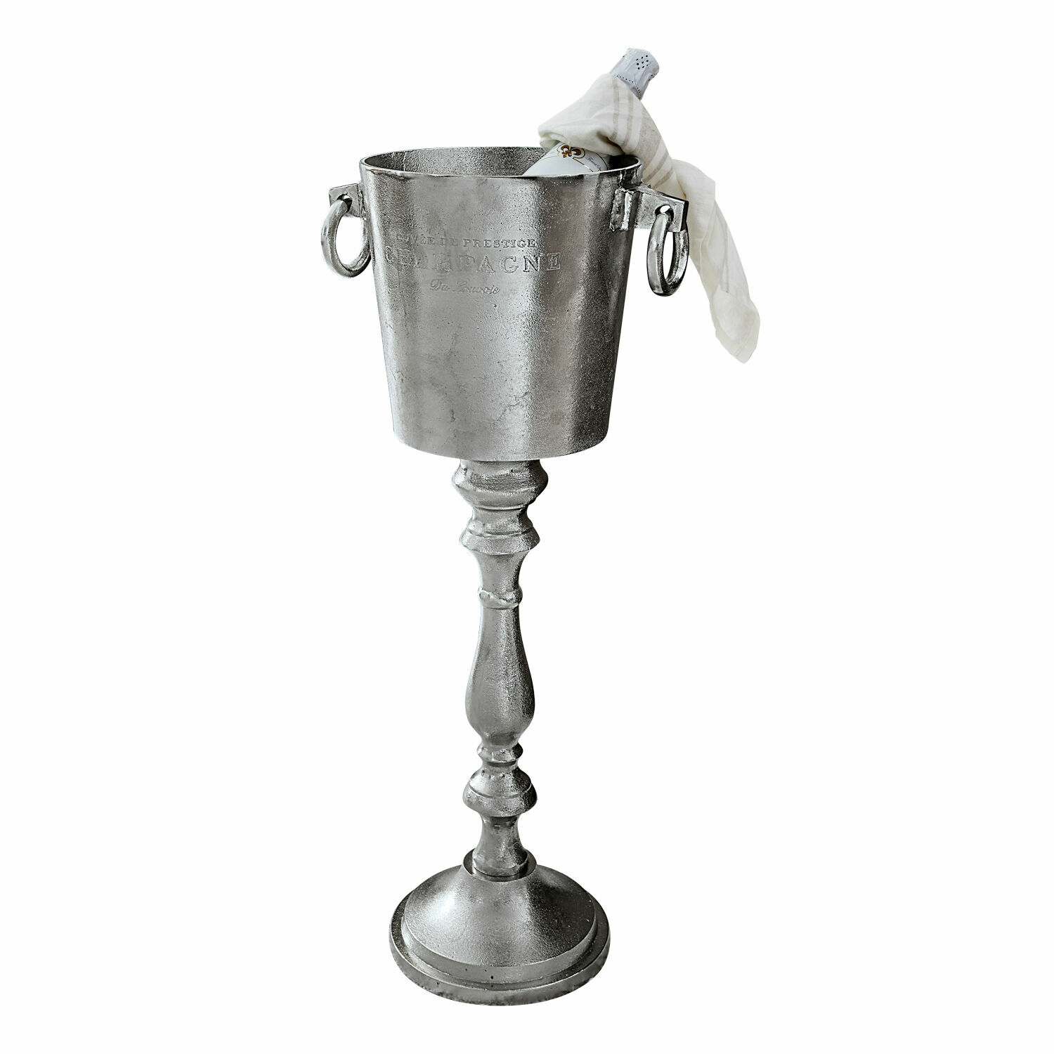Champagnekoeler Danville Zilverkleurige metalen ijsemmer op standaard met handvatten en champagnefles, elegant serveeraccessoire