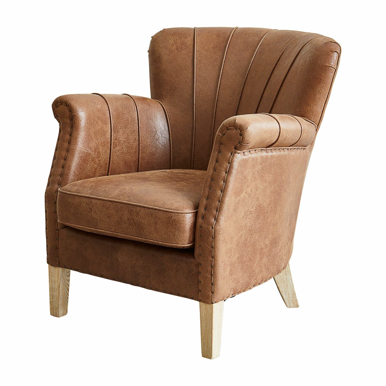 Fauteuil Bartley Bruine fauteuil van kunstleer met lichte houten poten, comfortabele stoel voor woonkamer