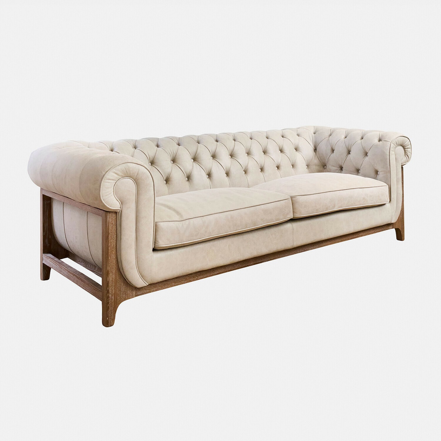 Beige Chesterfield bank met gestikte rugleuning en houten frame, elegante zitmeubel