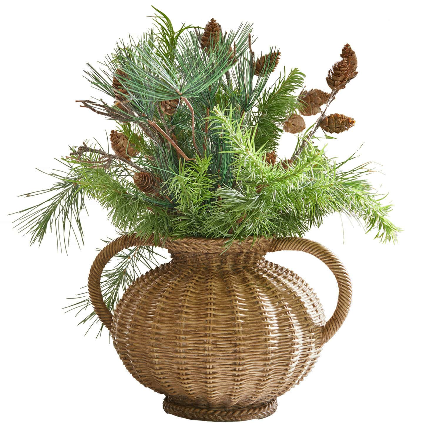Decoratieve rieten vaas met handvatten gevuld met groene takken en dennenappels, natuurlijke decoratie