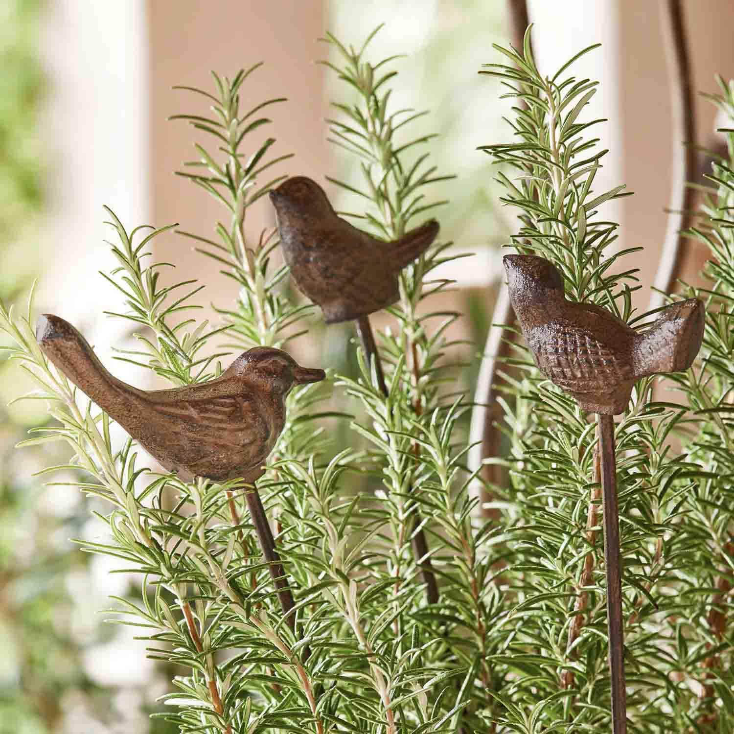 Decoratieve bruine metalen vogels op stokken tussen groene rozemarijn takken
