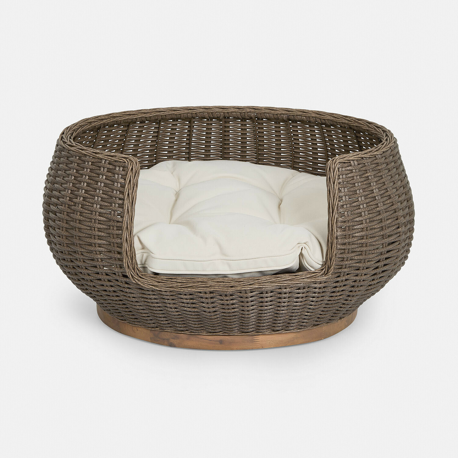 bruin/crème Bruin gevlochten huisdiermand met crème kussen op houten voet, comfortabel en duurzaam