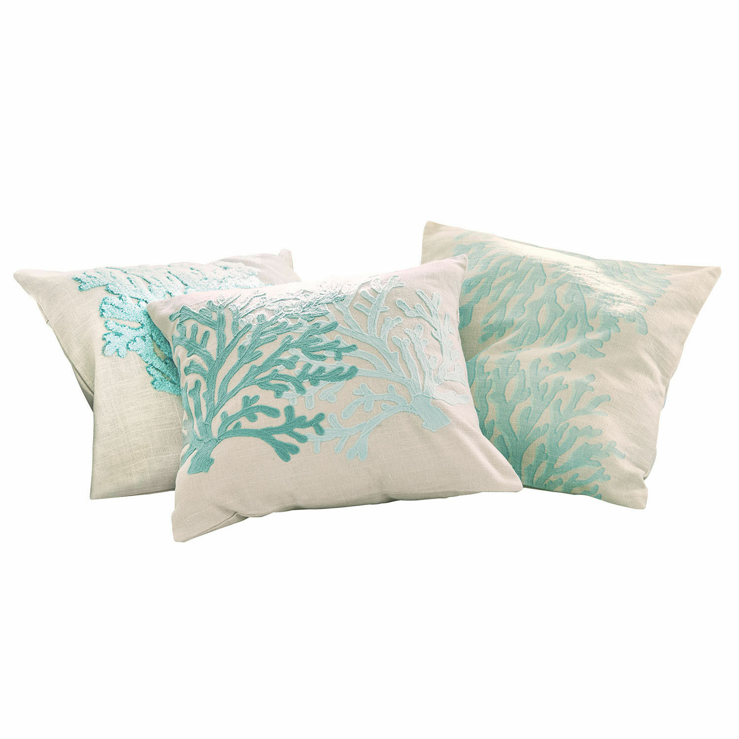 Kussenhoes set van 3 Vaiea Set van drie linnen kussens met turquoise koraalborduurwerk, woondecoratie