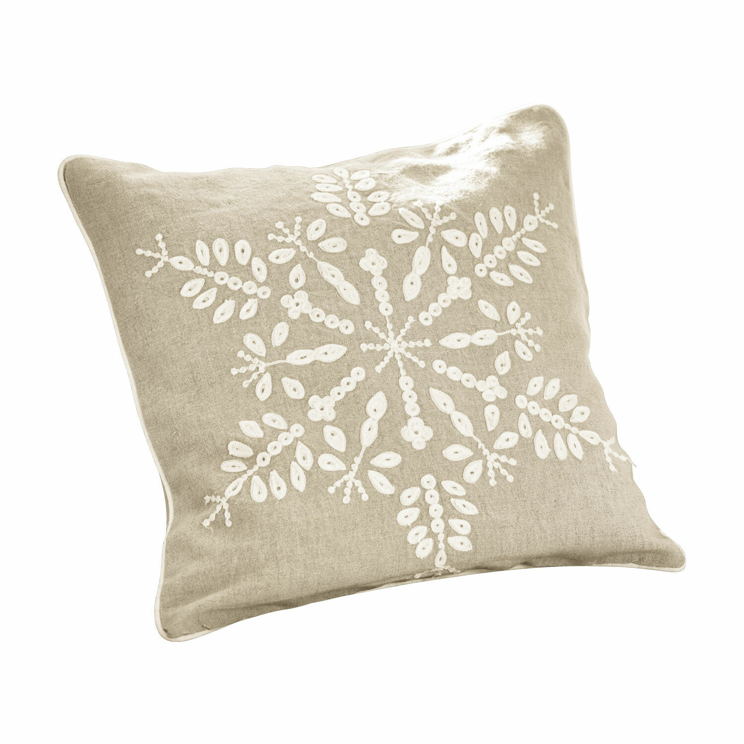 Kussenhoes Snowflake Beige linnen kussen met wit sneeuwvlokborduurwerk, decoratief voor in de woonkamer