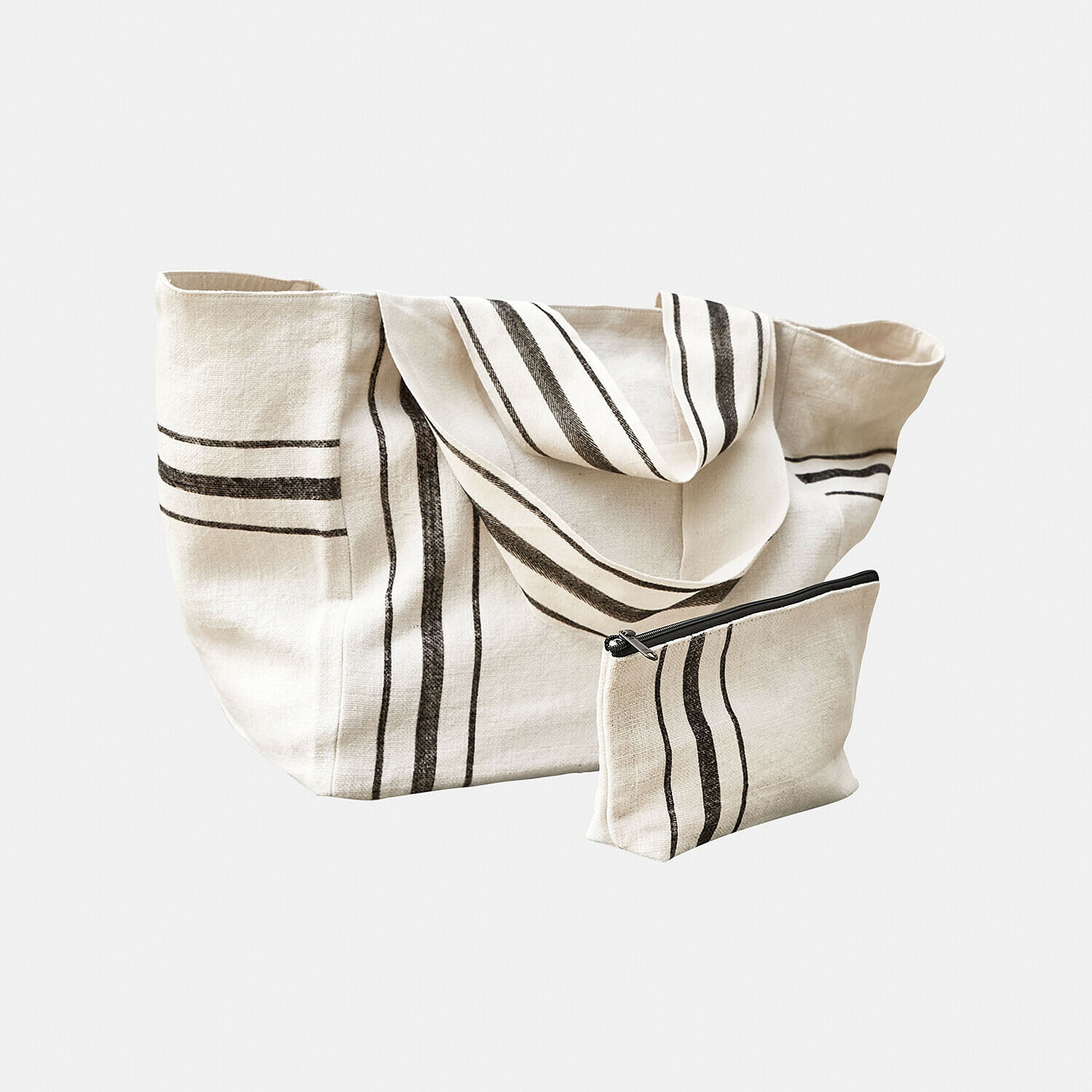 Tas set van 2 Bravenda Beige katoenen tas en make-uptasje met zwarte strepen, praktische set voor boodschappen en reizen