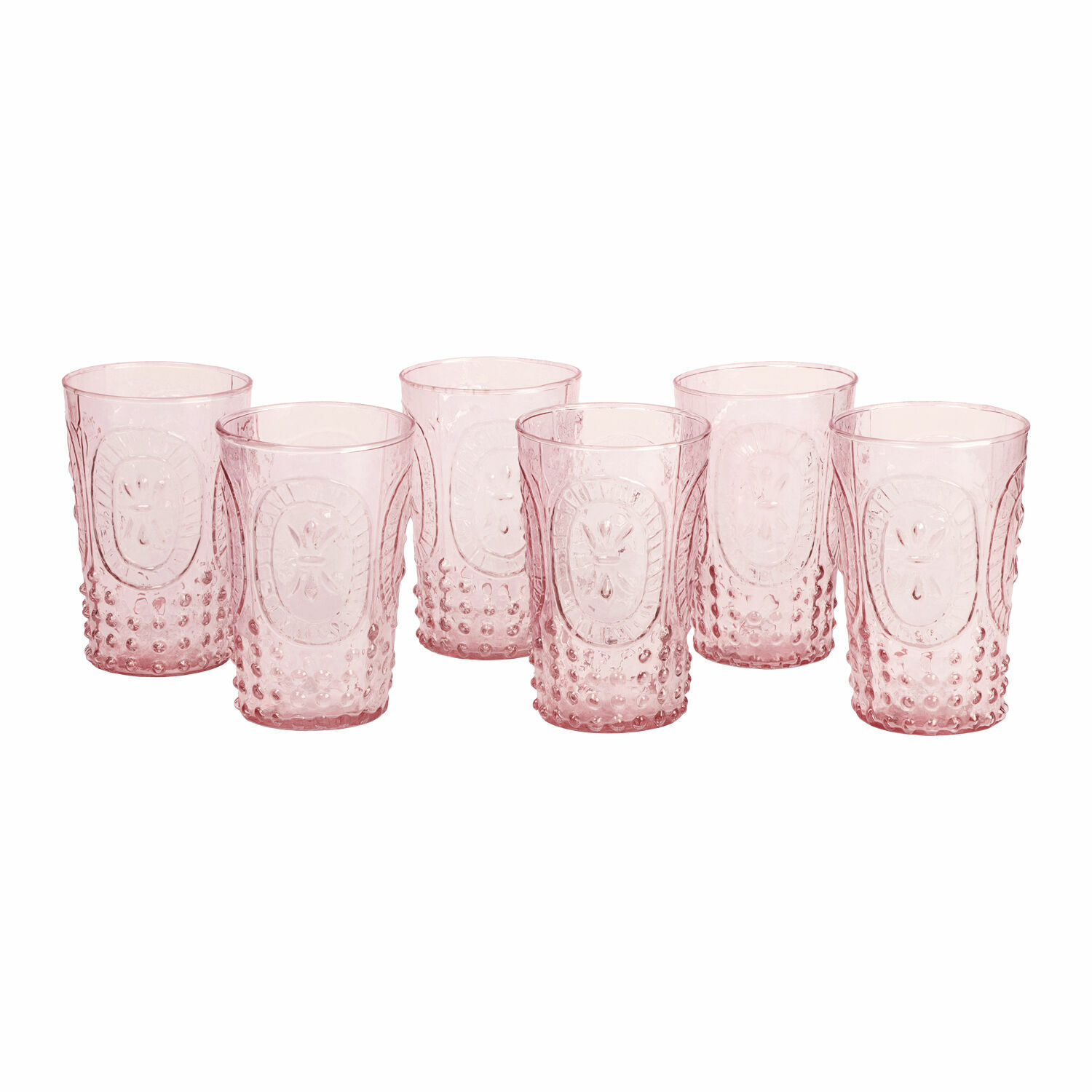 Glas set van 6 Fleury Set van zes roze glazen van doorzichtig glas met decoratief patroon voor dranken