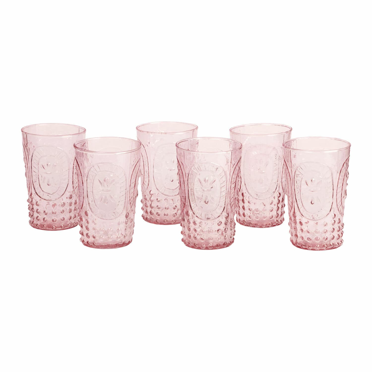 Glas set van 6 Fleury Set van zes roze glazen van doorzichtig glas met decoratief patroon voor dranken