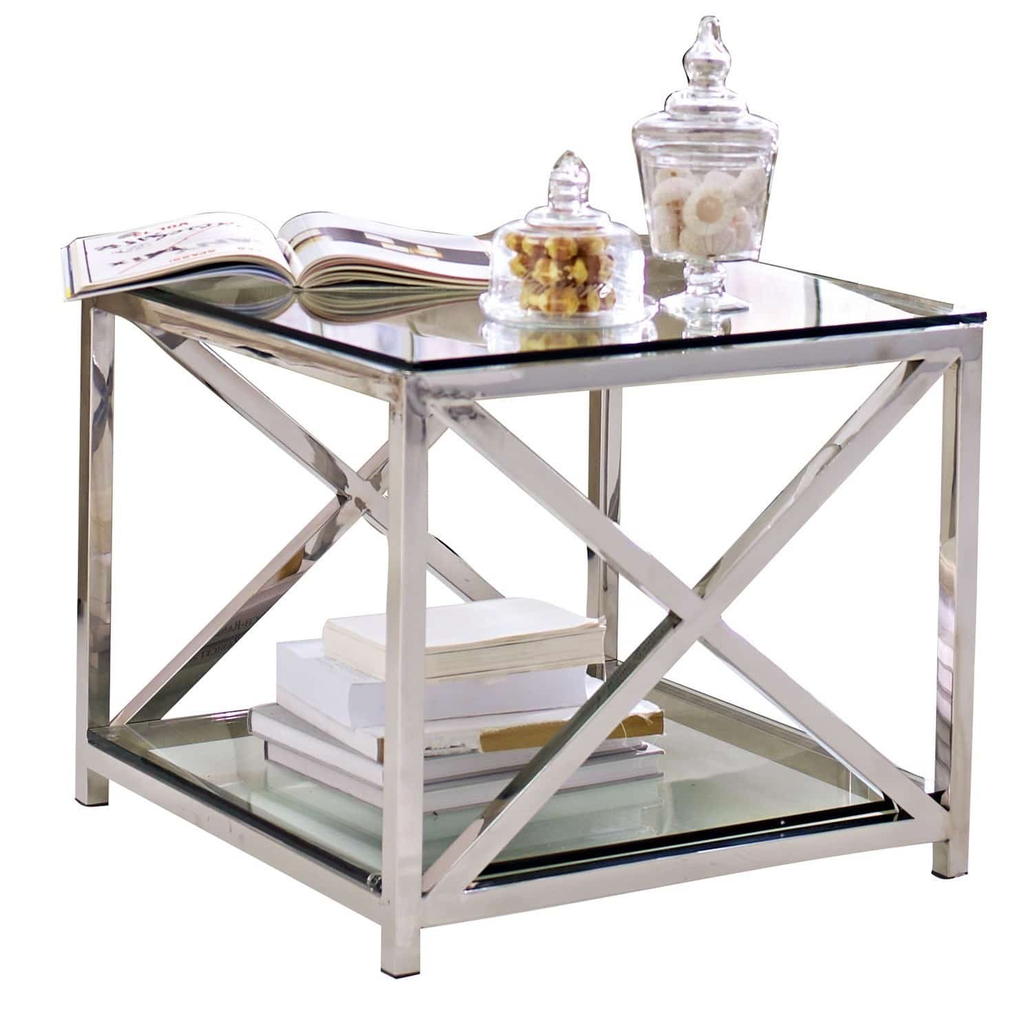 Bijzettafel Stamford Vierkante salontafel van glas en roestvrij staal met plank en decoraties bovenop
