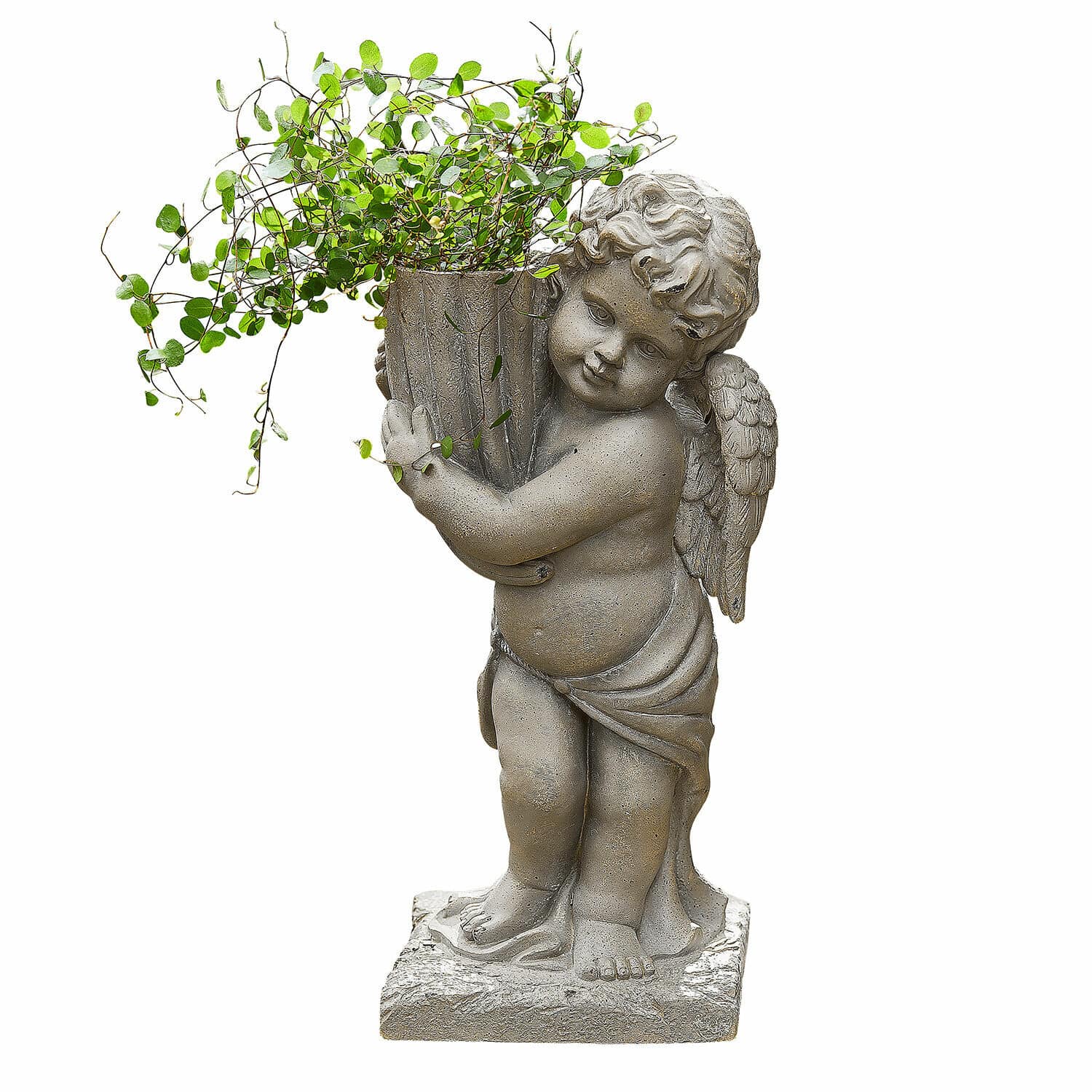 Sierpot Pirie Grijs stenen engelbeeld met bloempot en groene bladeren voor tuindecoratie