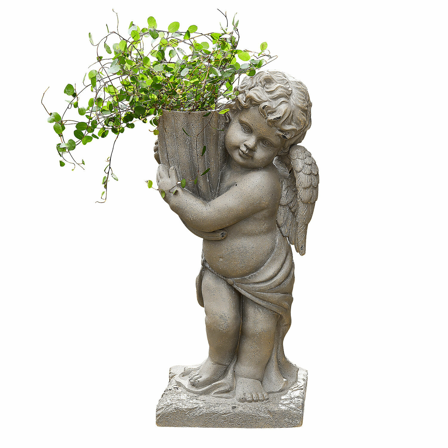 Sierpot Pirie Grijs stenen engelbeeld met bloempot en groene bladeren voor tuindecoratie