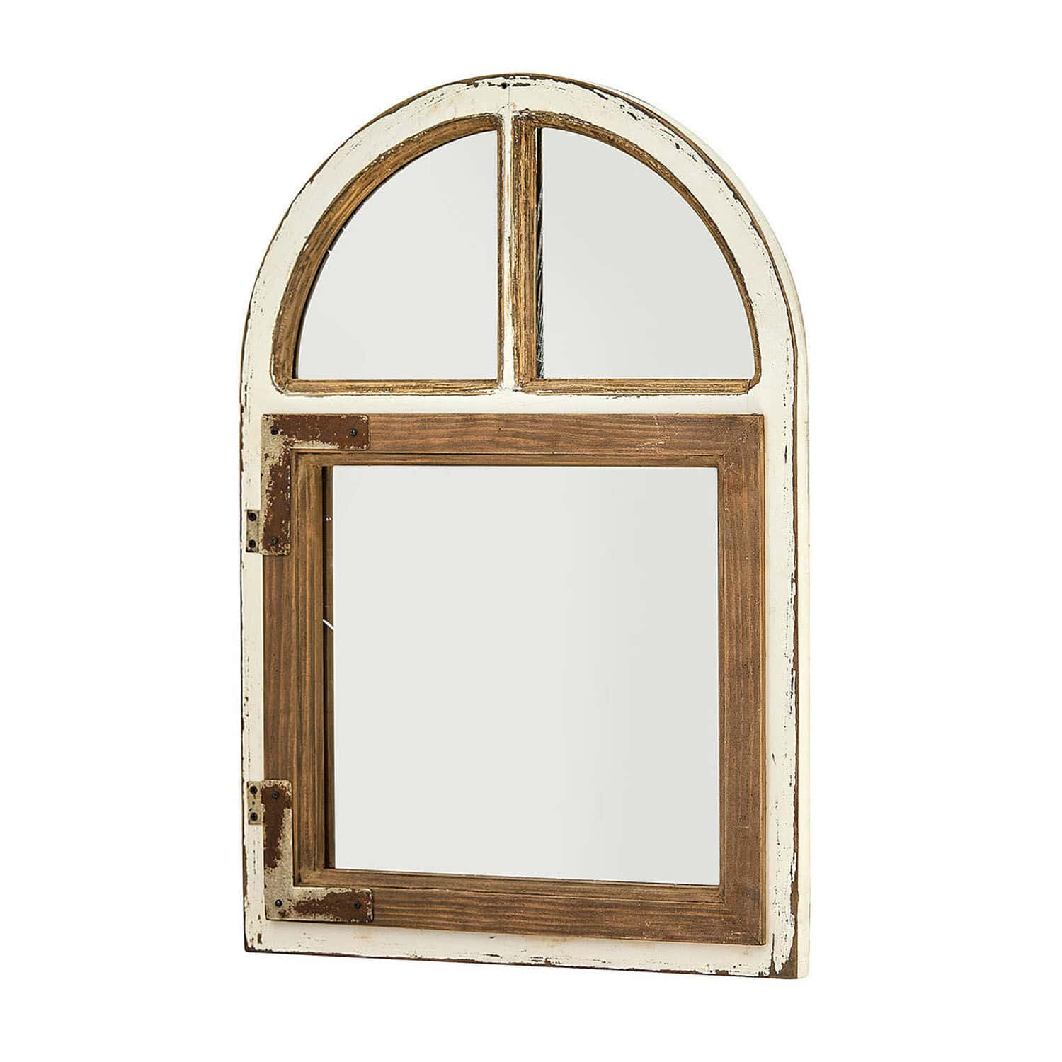 Spiegel Zilvento Wandspiegel van wit en bruin hout in raamvorm, vintage woondecoratie