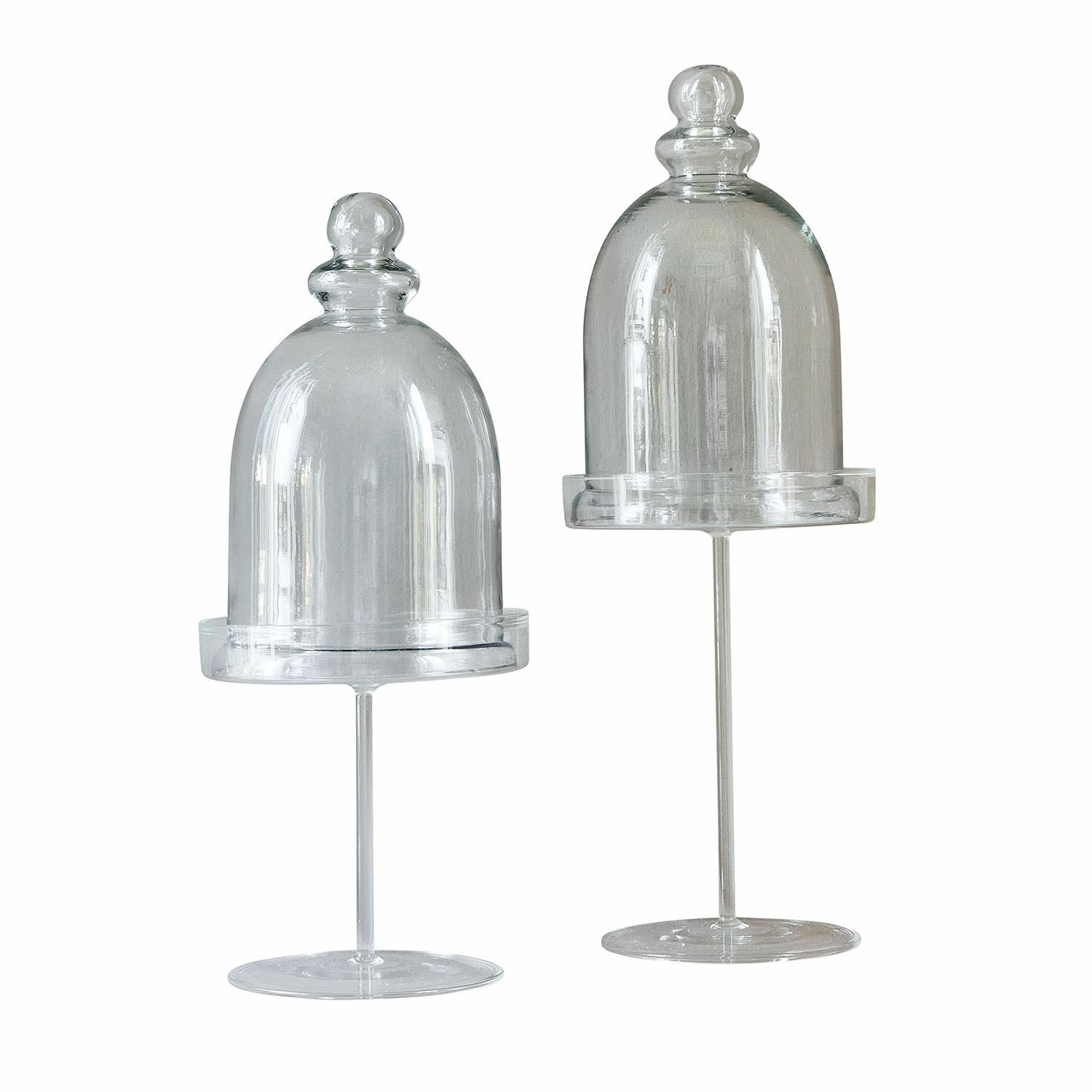 Glazen stolp set van 2 Hibous Twee transparante glazen stolpen op voet voor interieurdecoratie, minimalistisch design