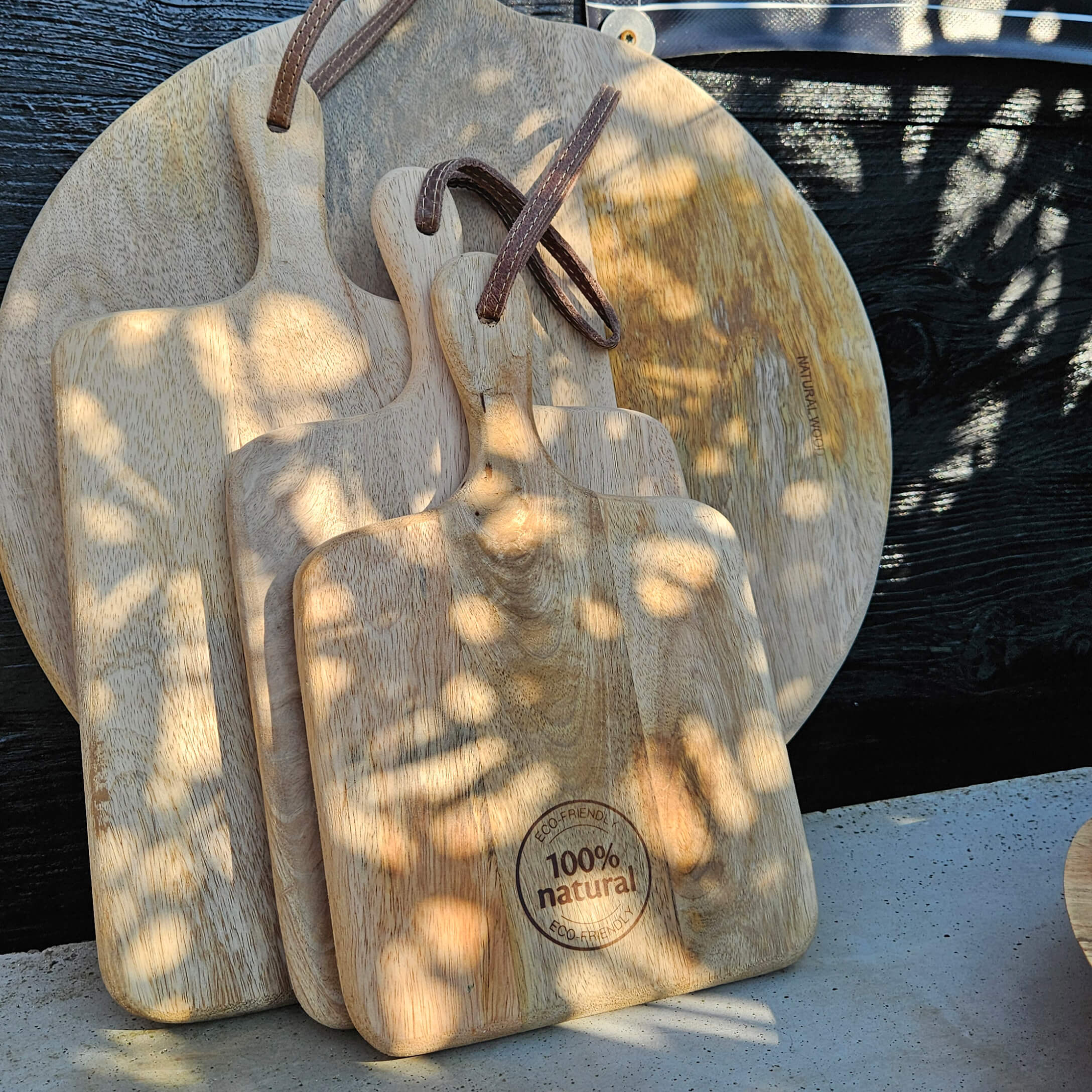 Set natuurlijke houten snijplanken met handvatten en ophangkoorden, milieuvriendelijke keukenaccessoires