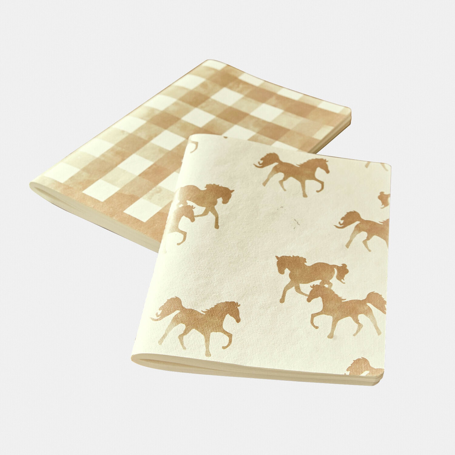 Set van twee katoenen theedoeken in beige met paarden- en ruitpatroon voor de keuken