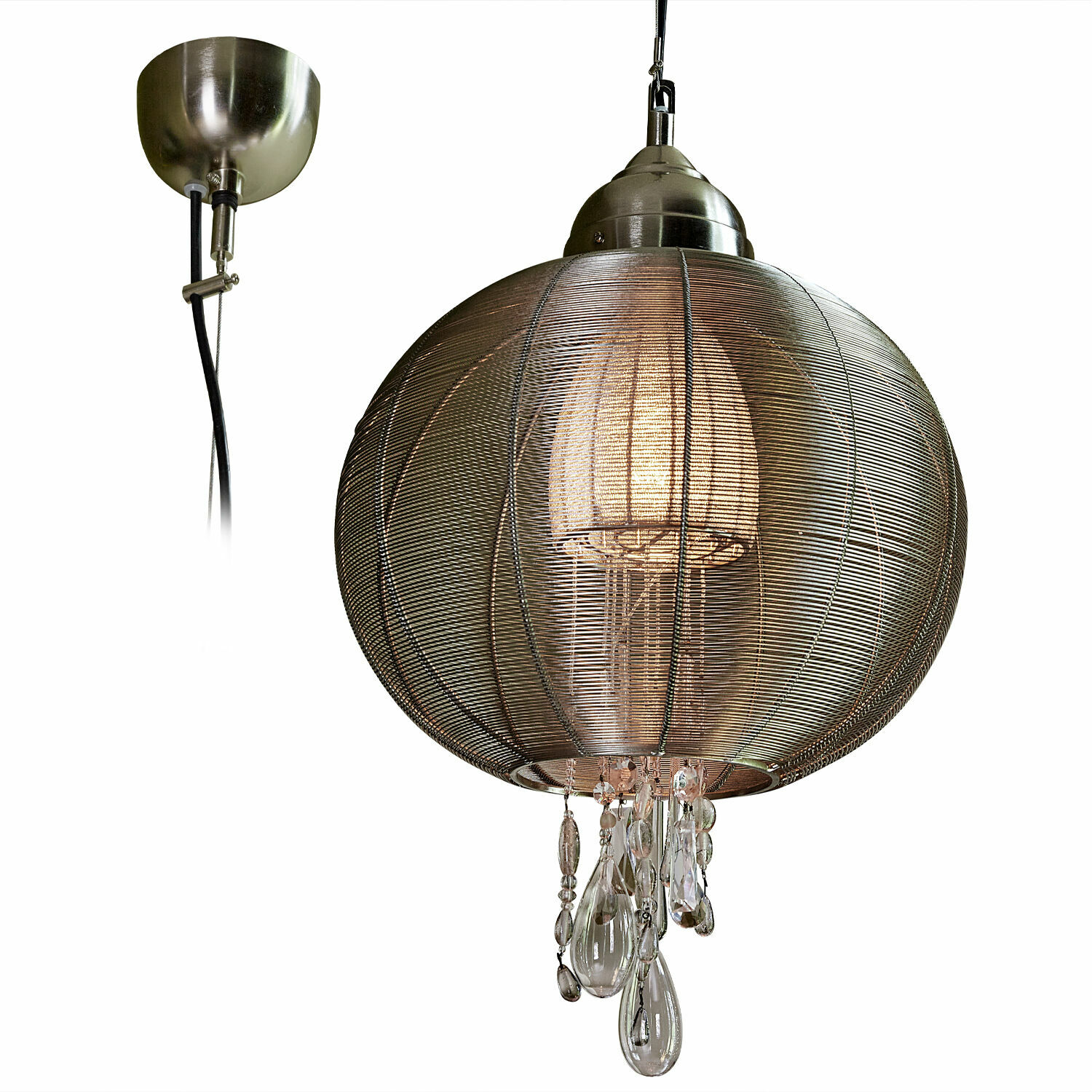 Hanglamp Sunbrook Hanglamp van zilverkleurig metaal met gaas en glazen kristallen, modern verlichtingsontwerp