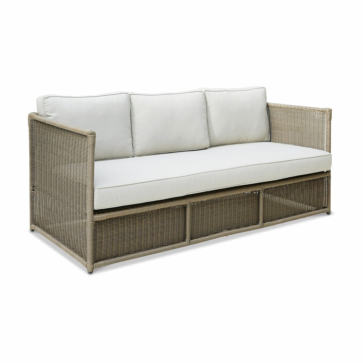 Bank Lesmont Beige rotan bank met lichte kussens, comfortabele tuinmeubelen voor terras