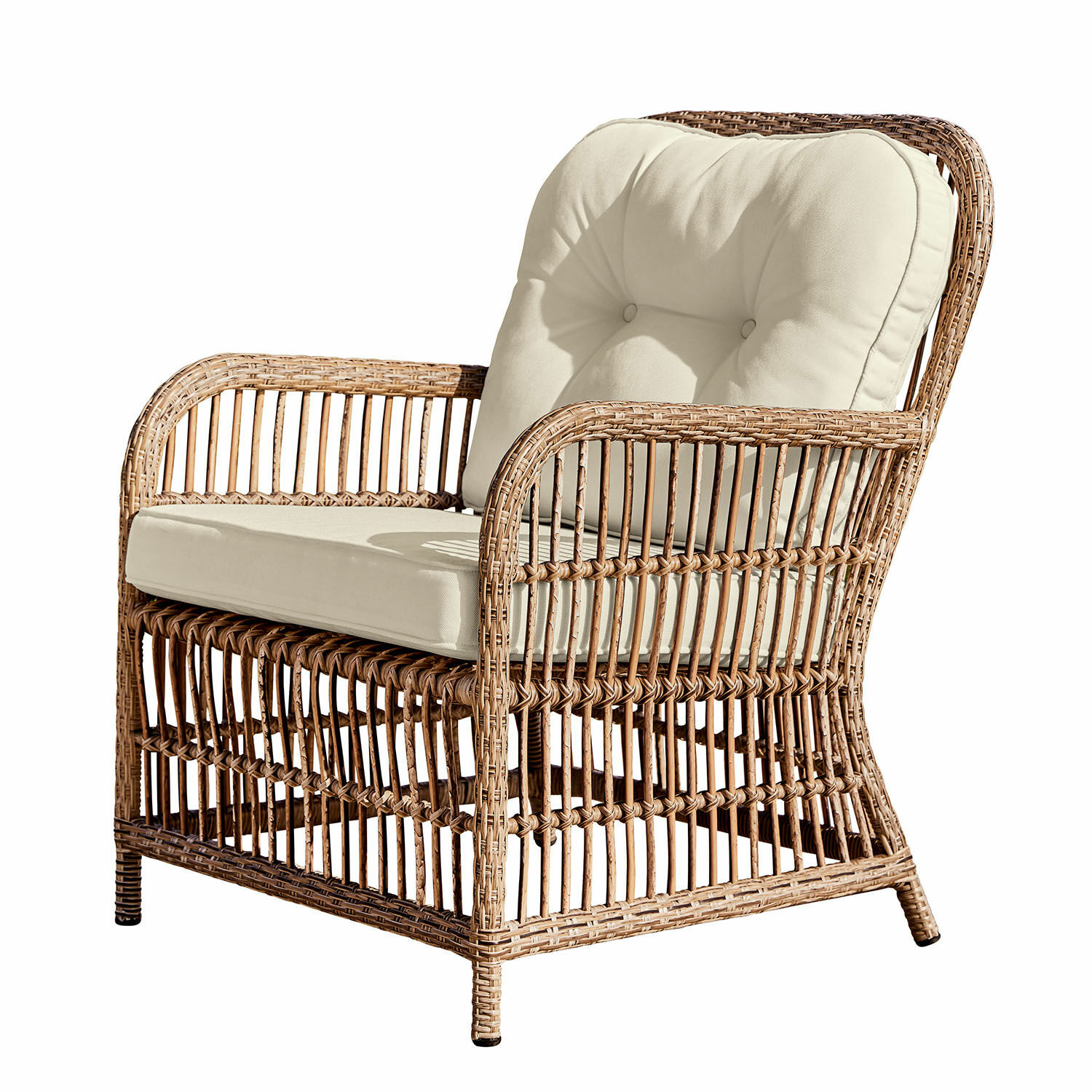 Fauteuil New Bettford Rotan stoel met crèmekleurige kussens, natuurlijk materiaal, comfortabele stoel voor woonkamer en tuin