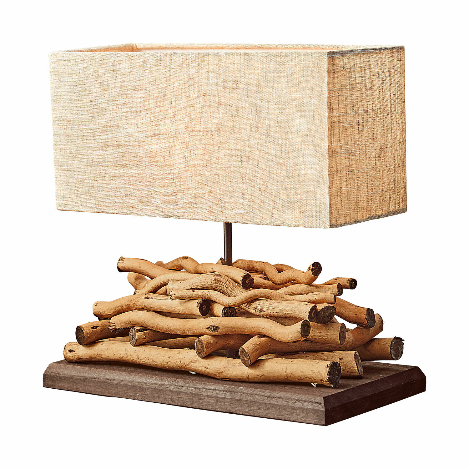 linnen/bruin Tafellamp Caribou met natuurlijke houten voet en beige kap, decoratieve woonverlichting