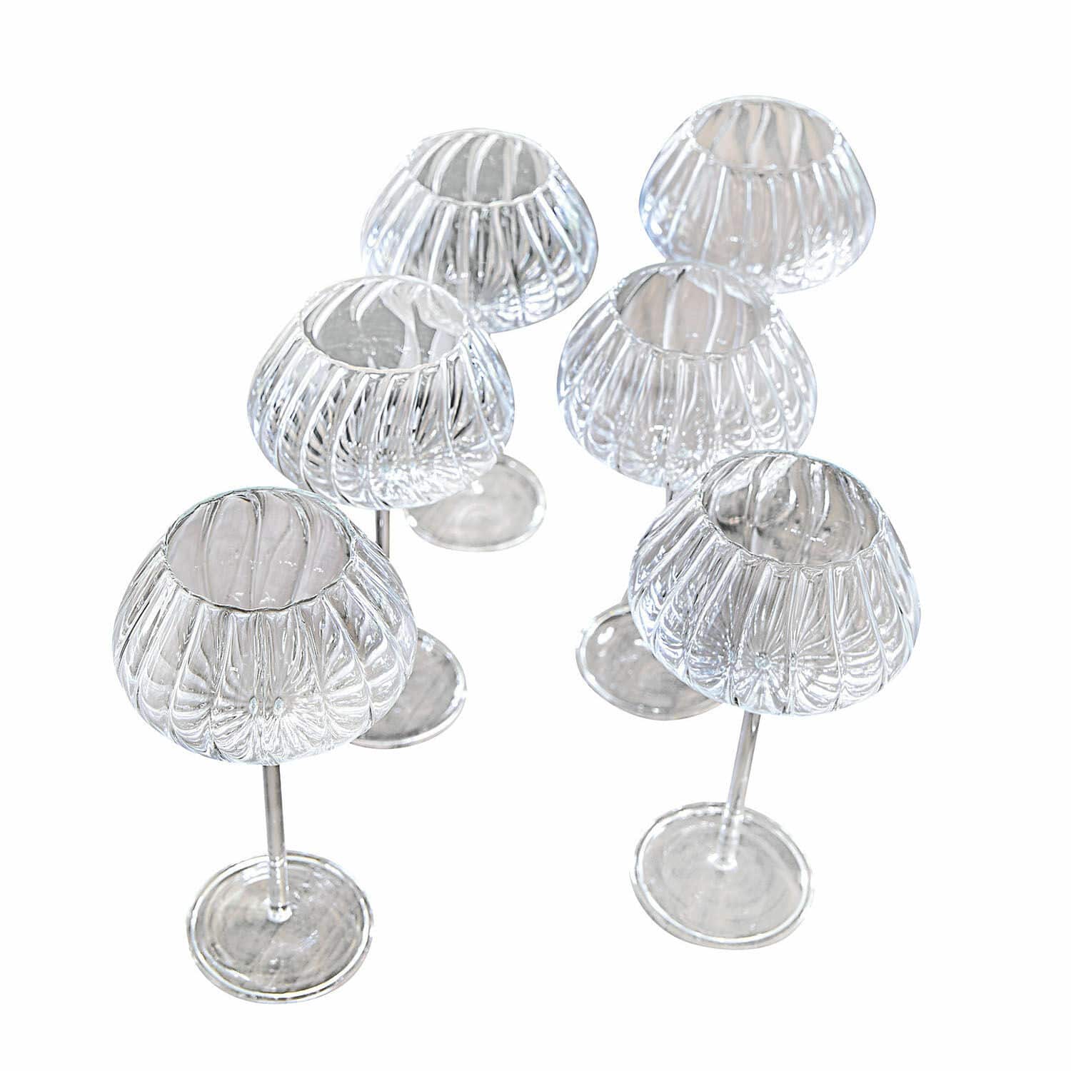 Wijnglas set van 6 Minou Set van zes transparante glazen theelichthouders op voet met decoratief geribbeld patroon